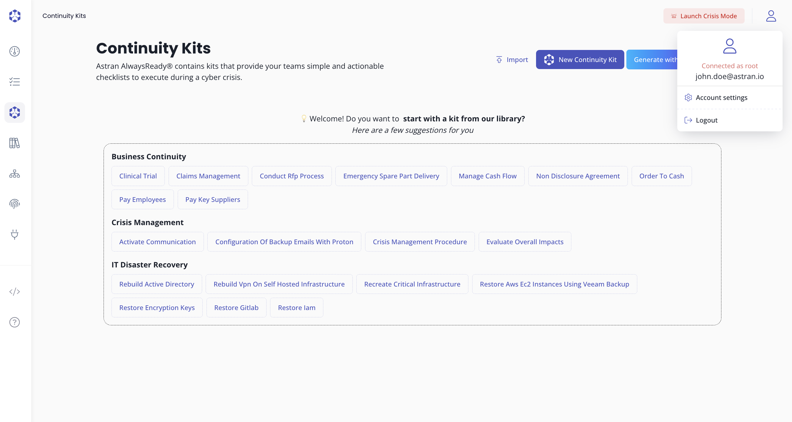 Account settings dropdown