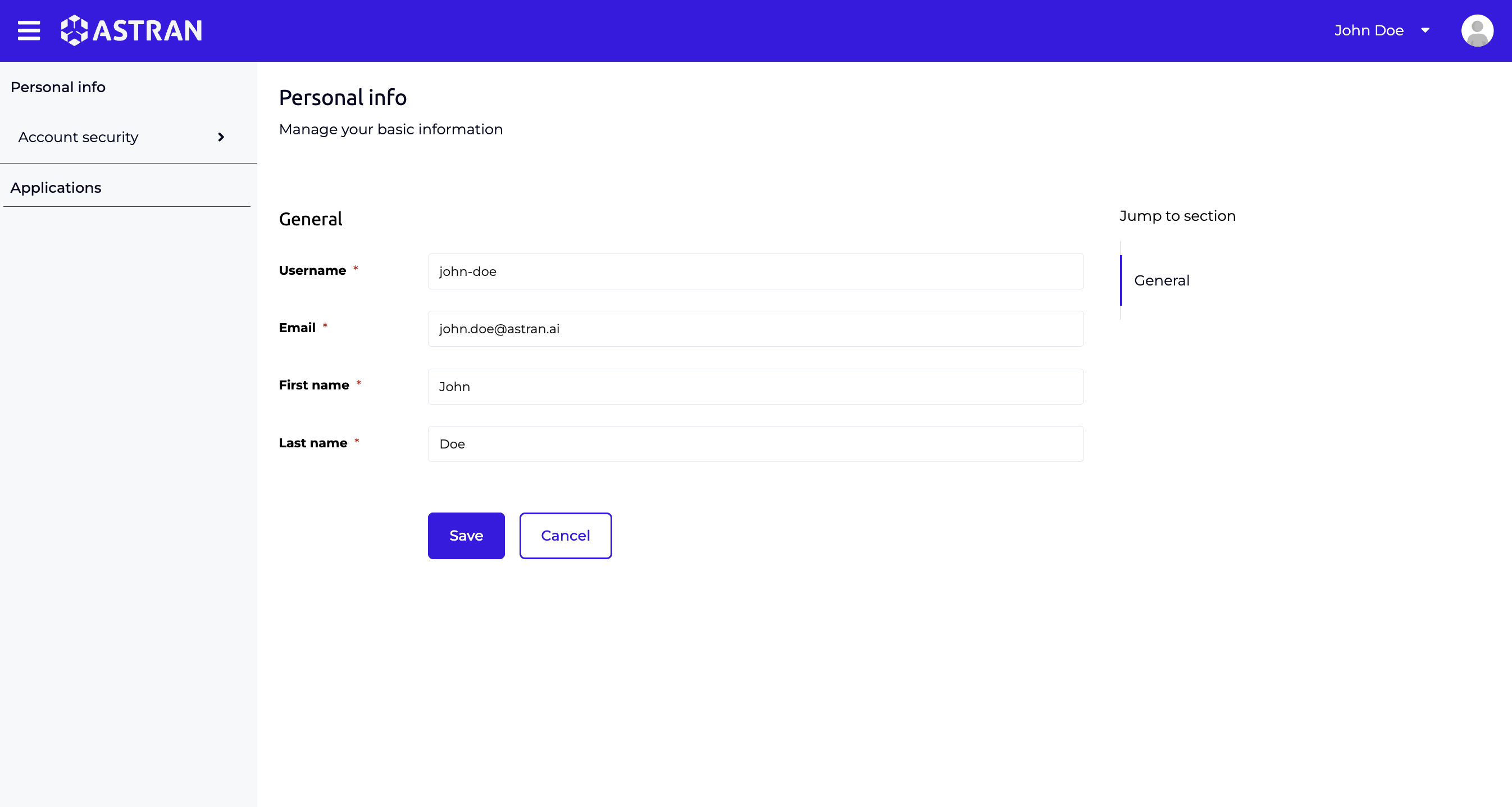 Account configuration page