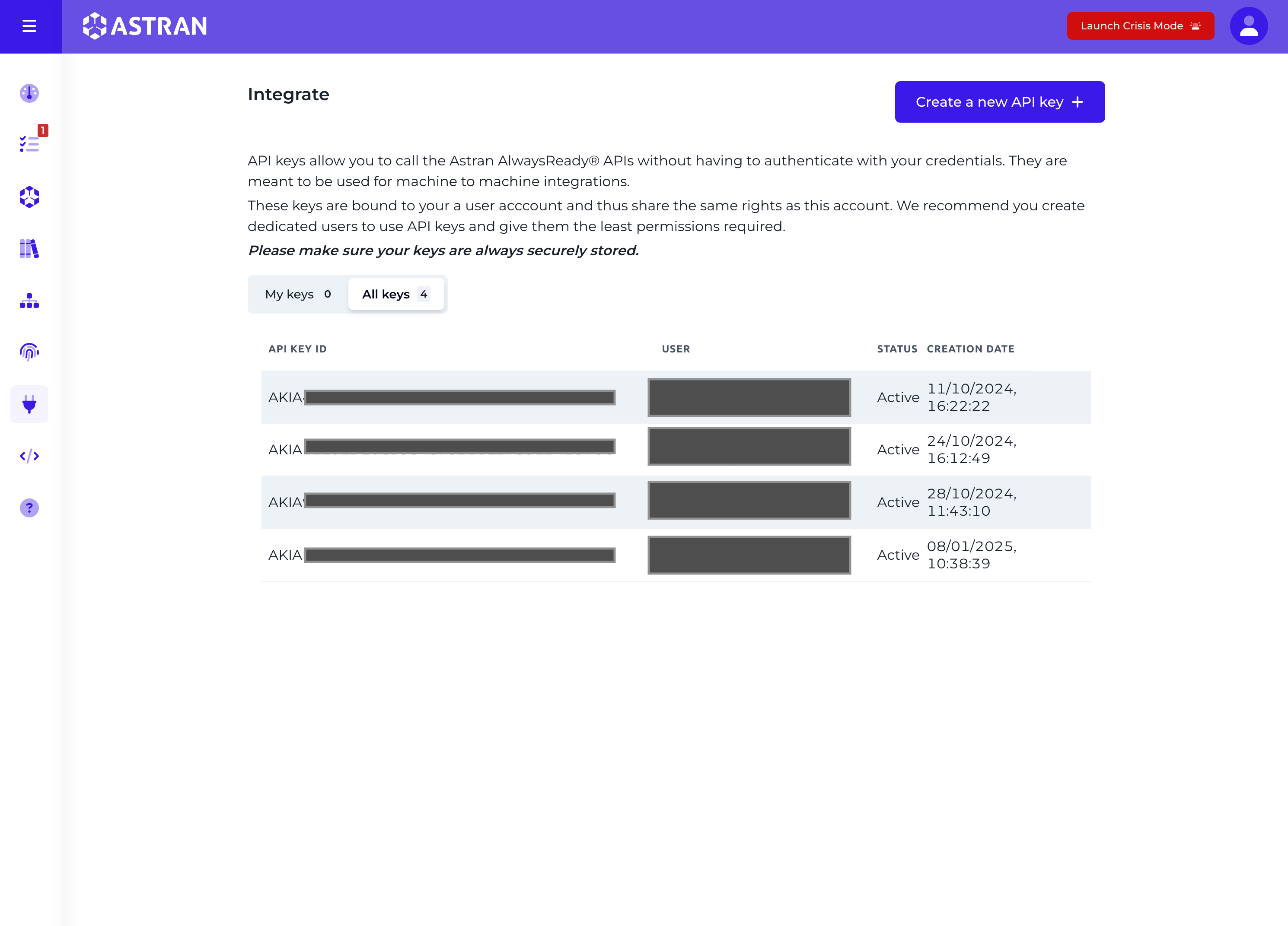 API keys page
