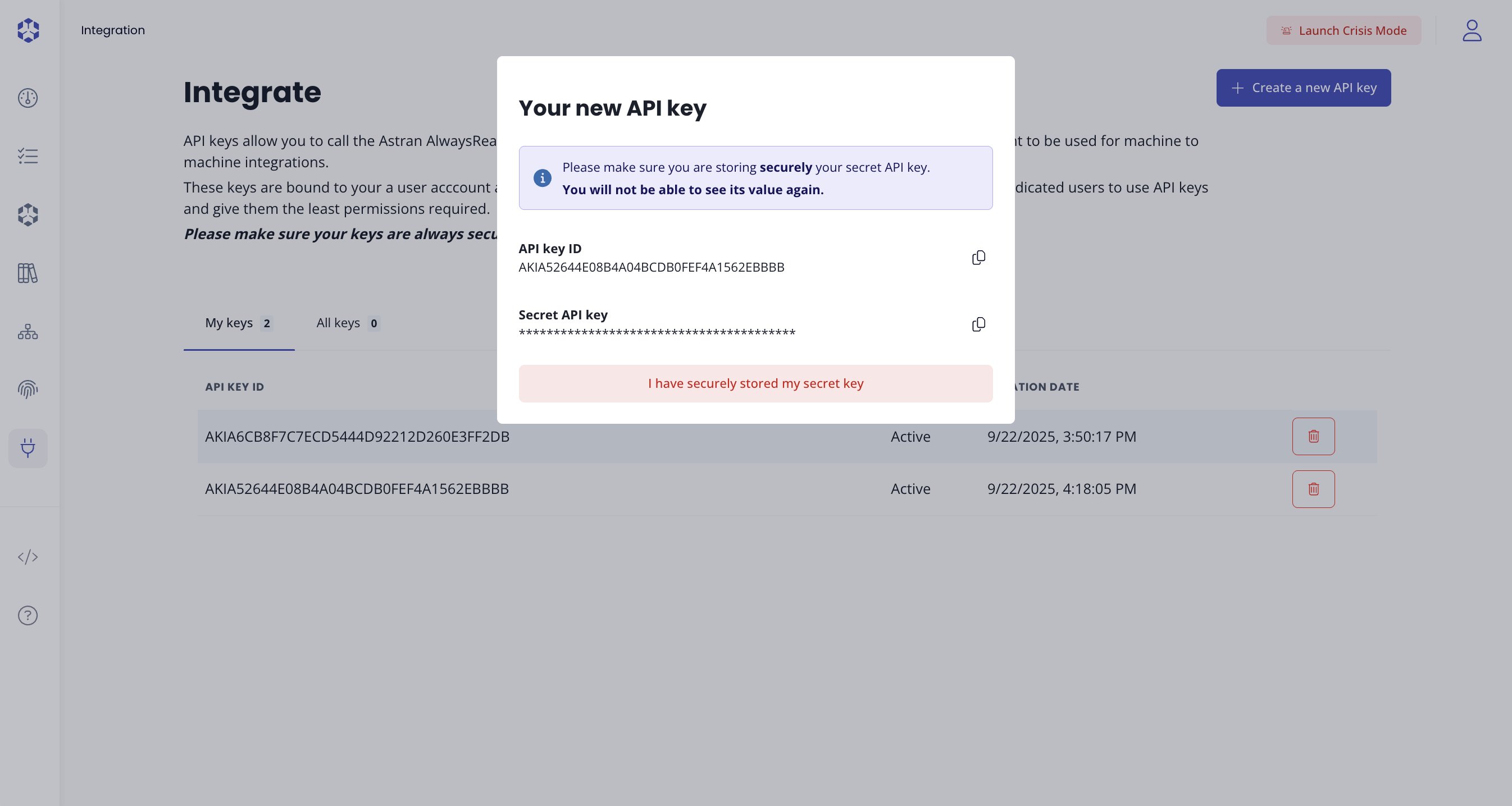 Create API key modal