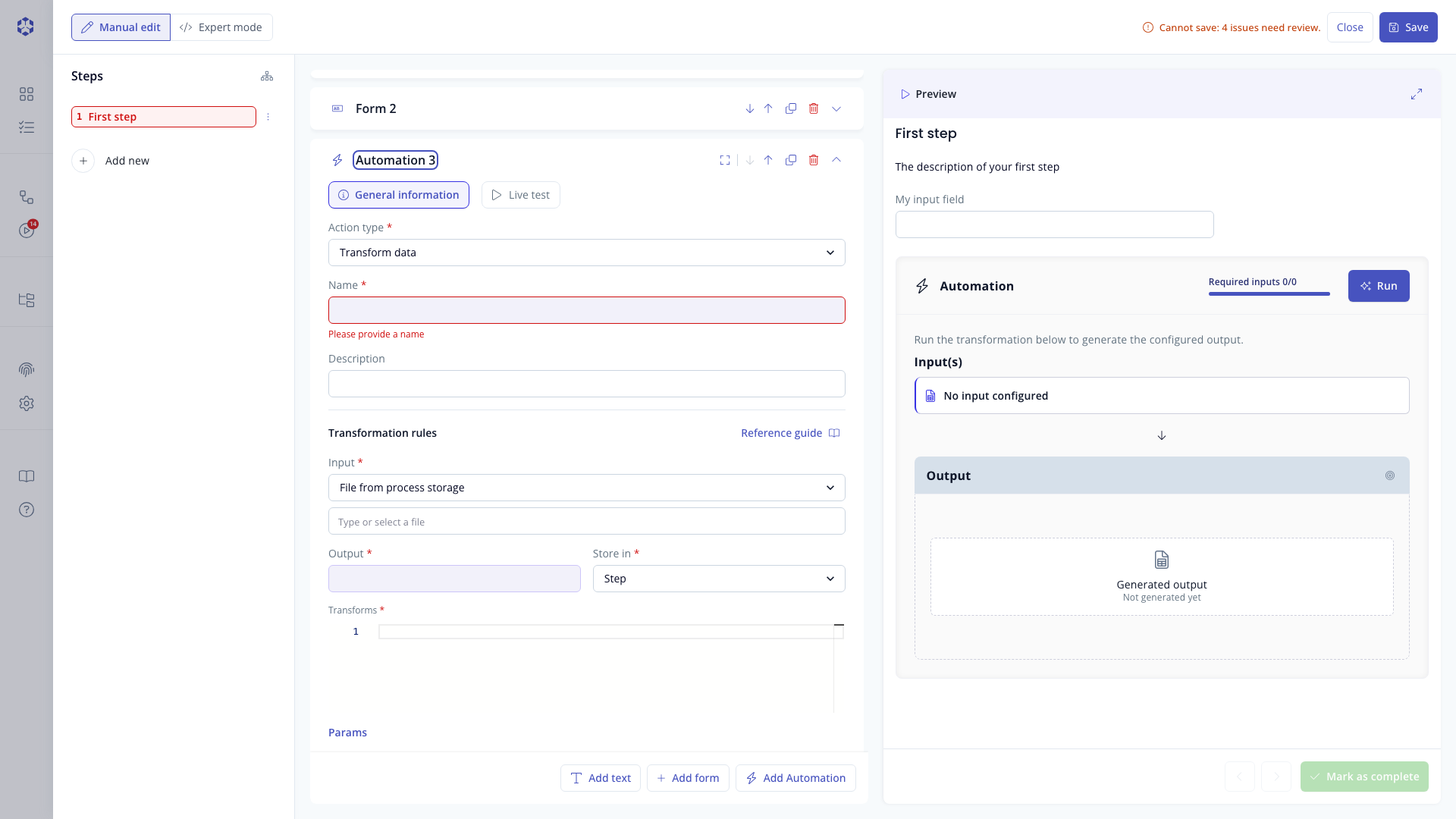 Transformation configuration form