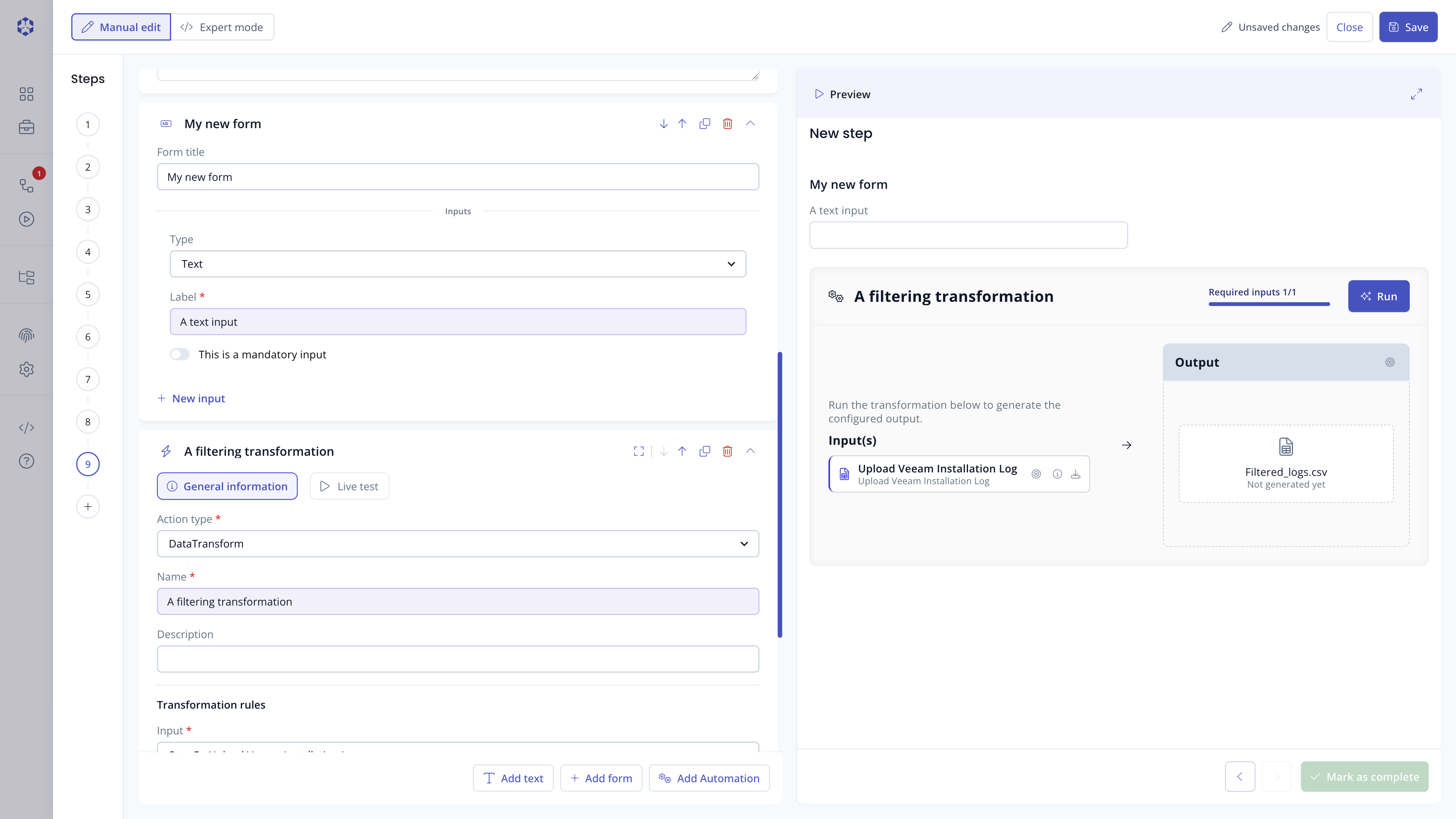 Step editor with a form block and an automation