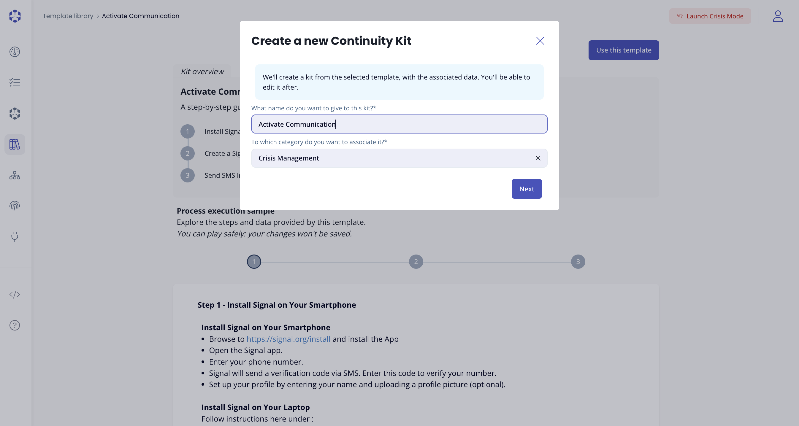 Continuity kit template selected creation popup