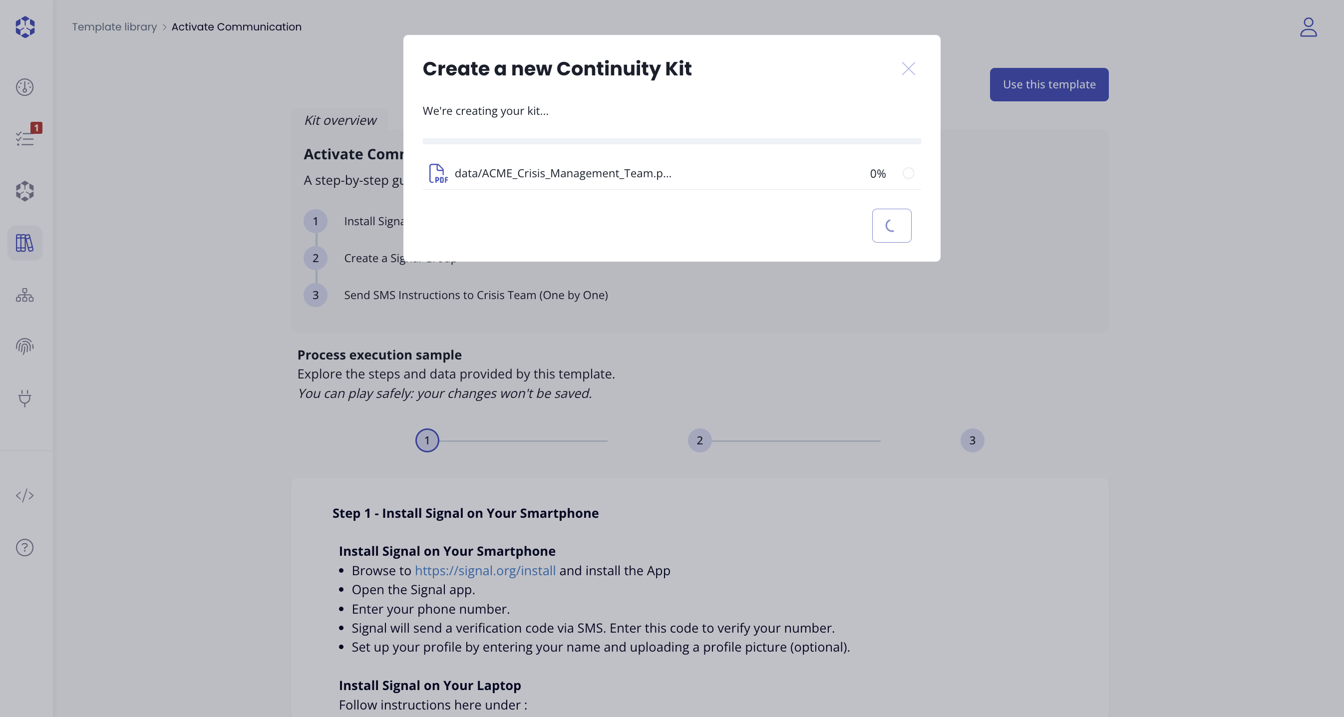 Continuity kit template creation in progress