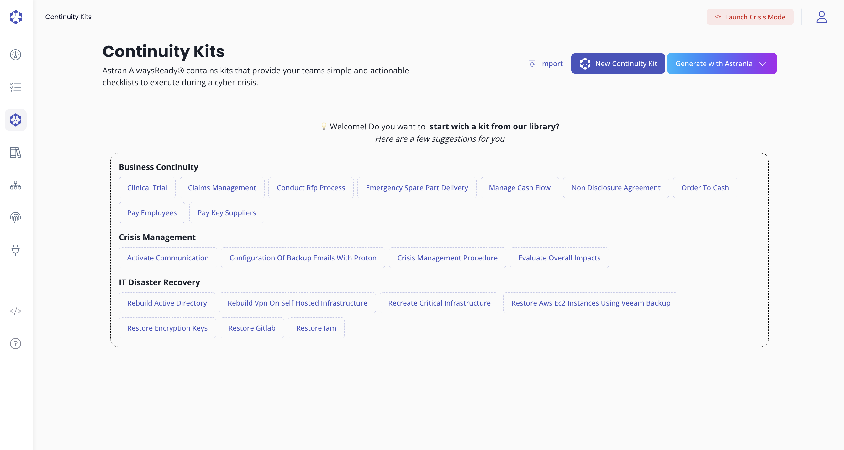 Continuity kit template selection