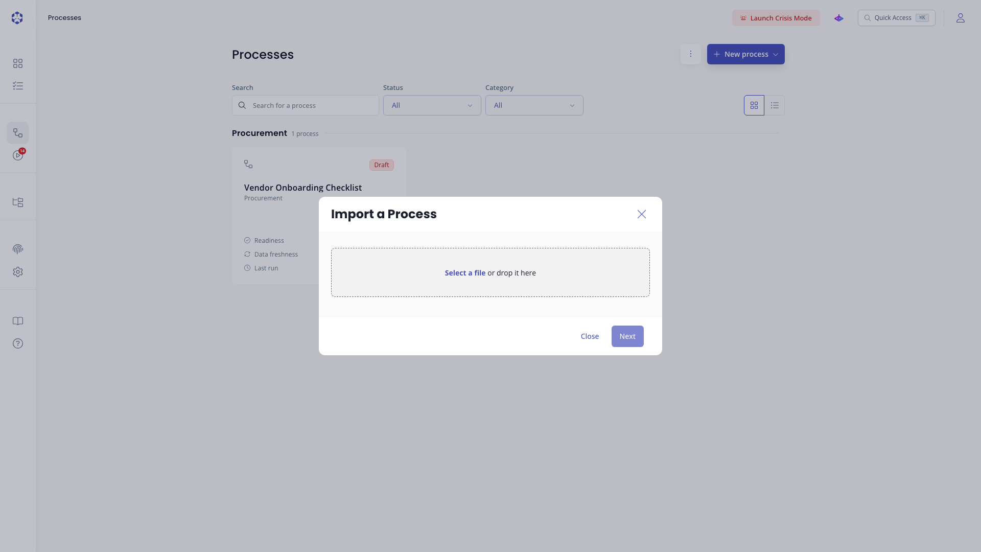 Process creation modal, import step