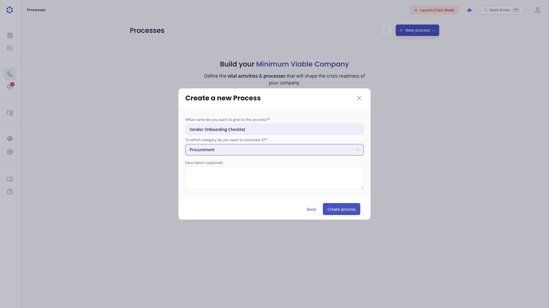 Process creation modal, name and category step