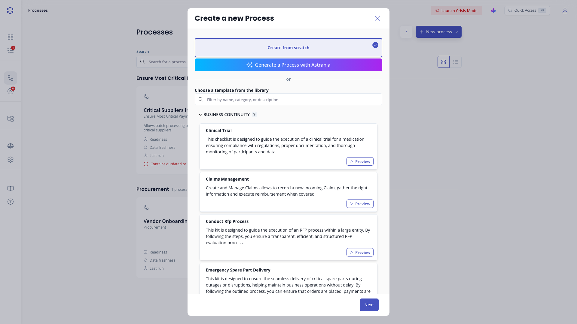 Process creation modal, template selection step