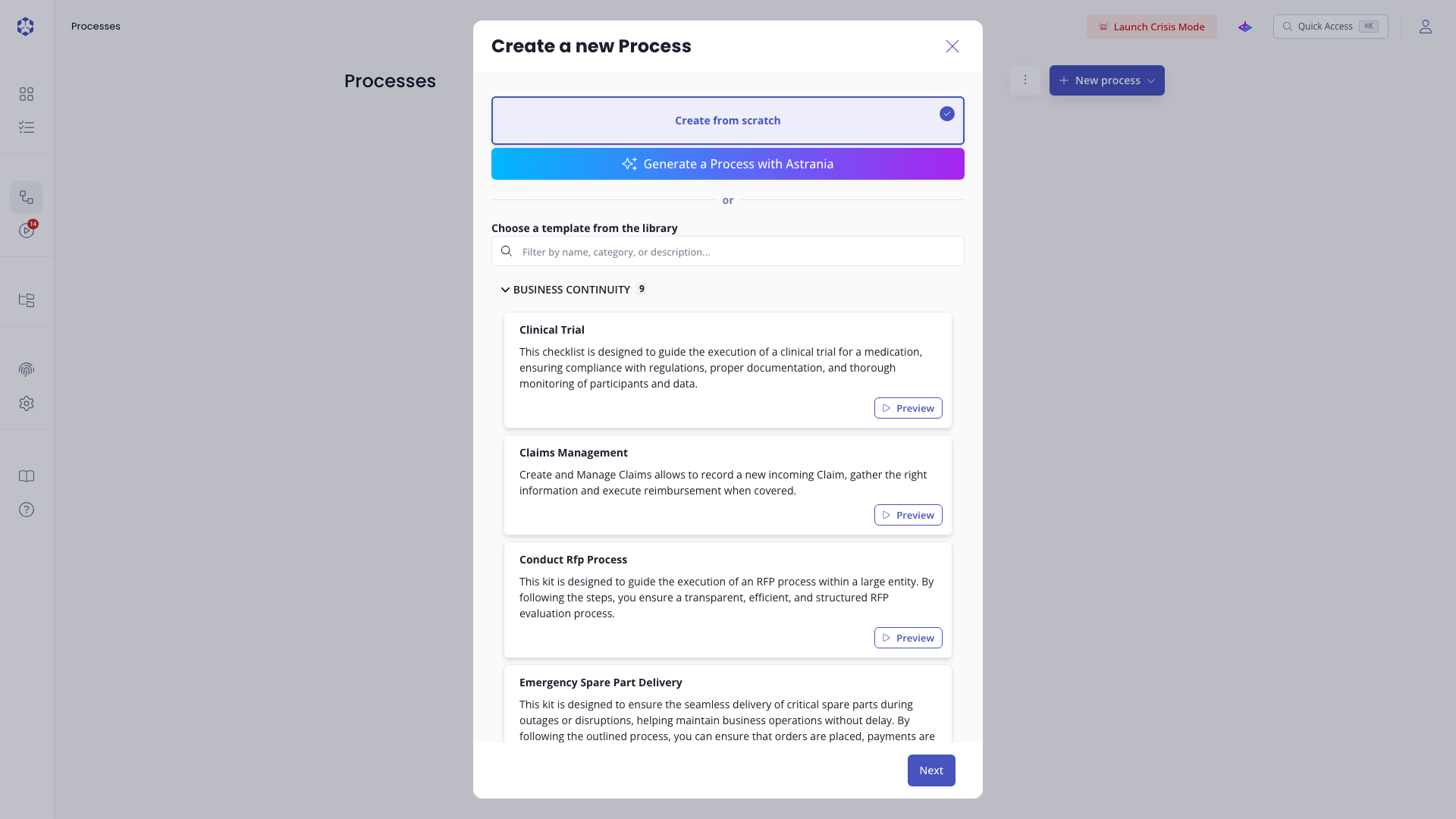 Create a new Process modal