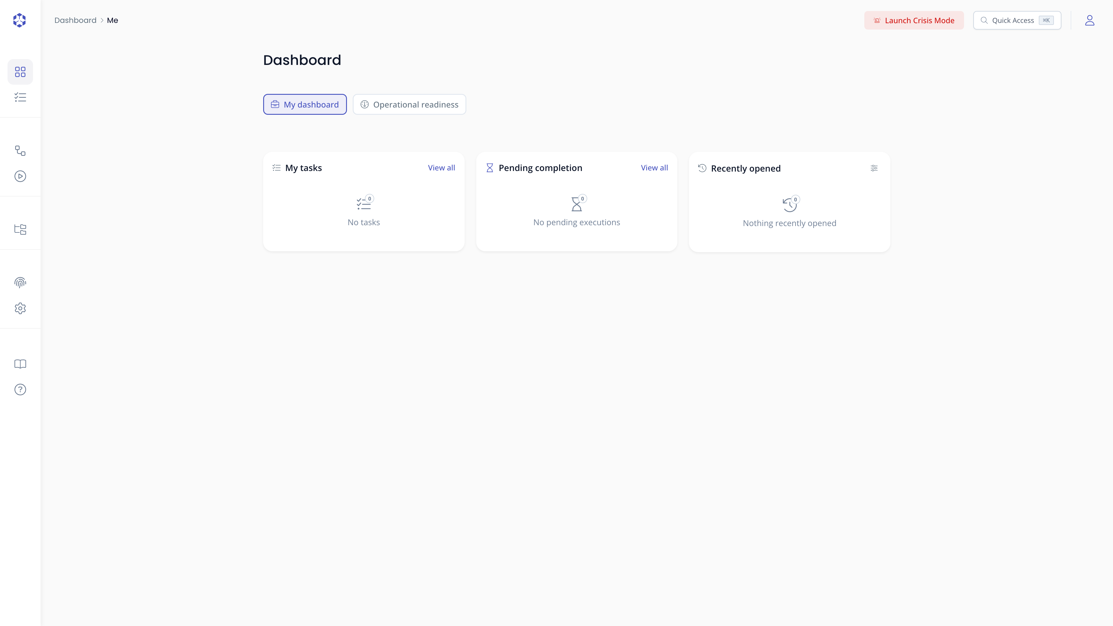 Personal dashboard with no tasks, no pending executions, and nothing recently opened