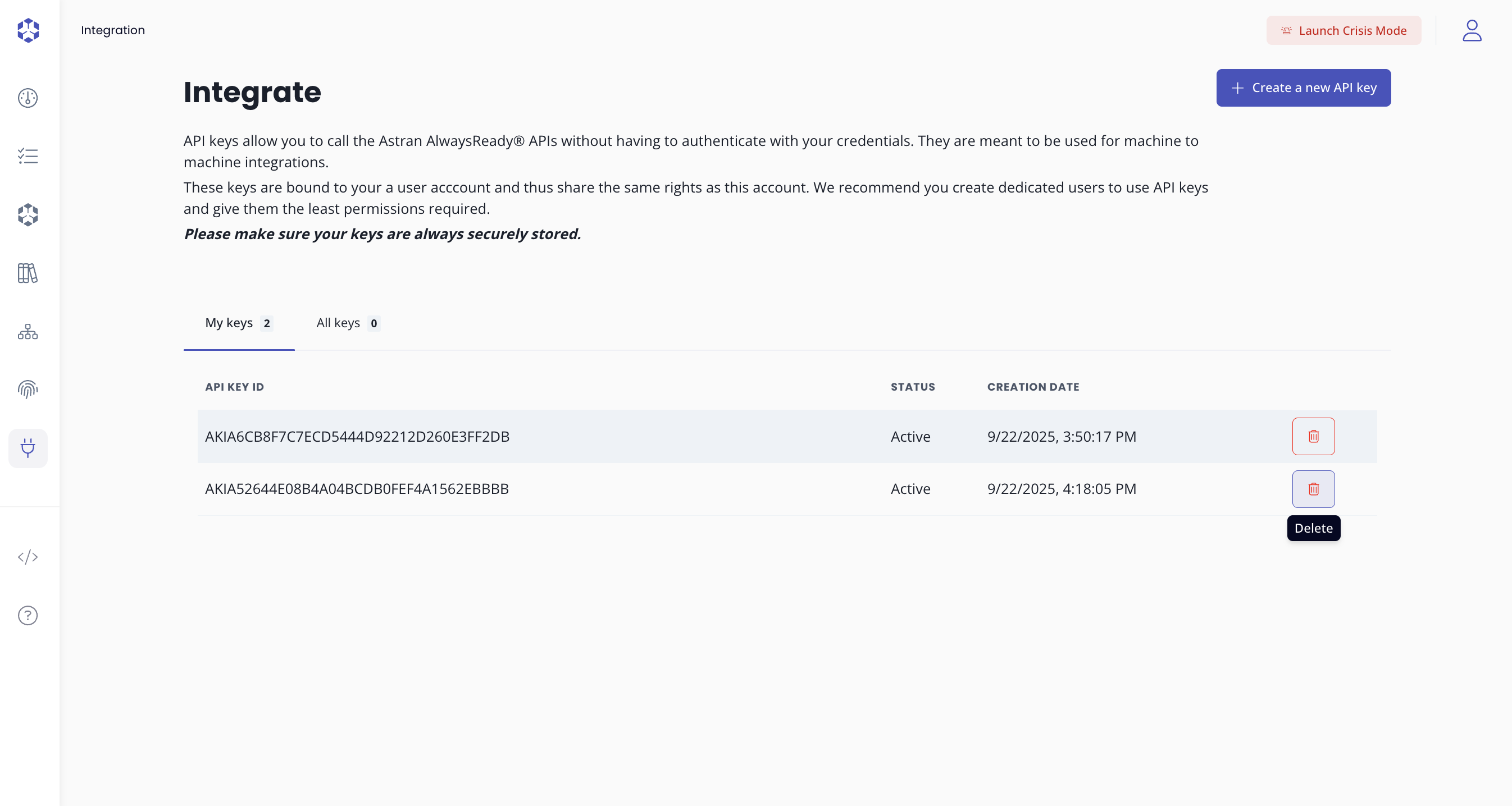 API key delete button