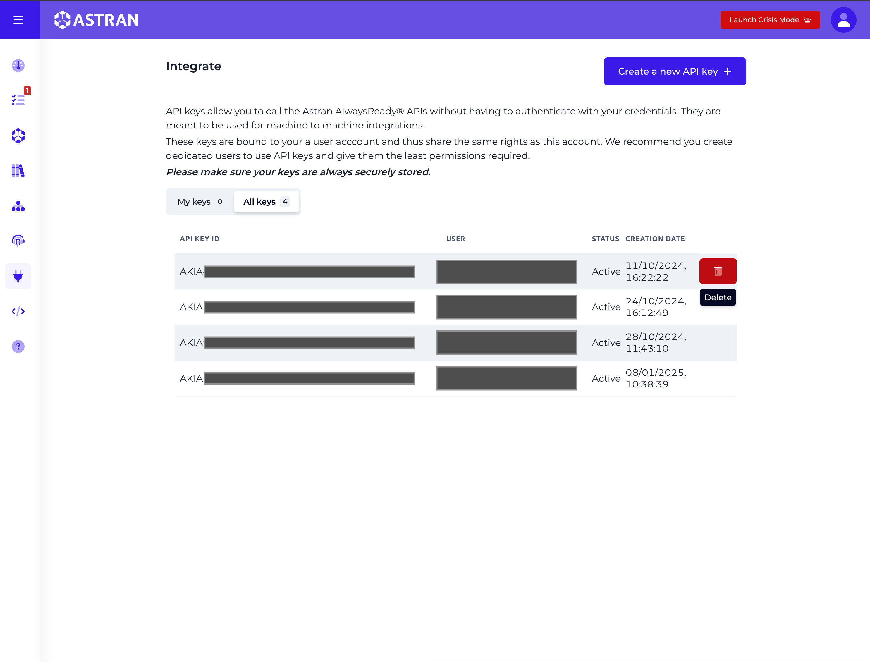 API key delete button