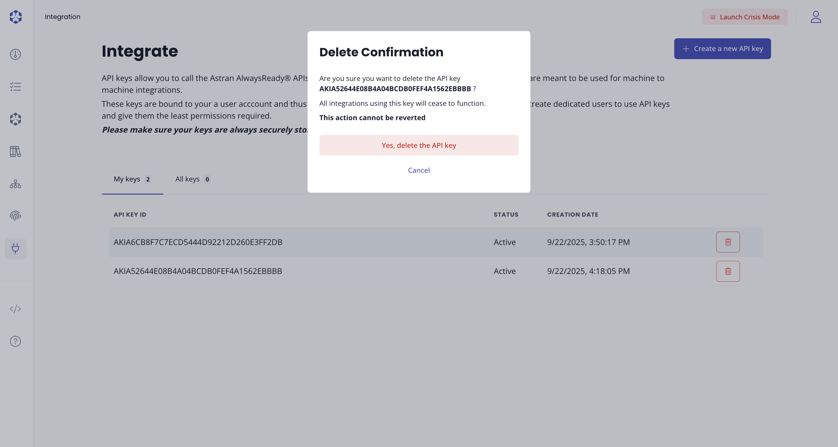 API key delete modal