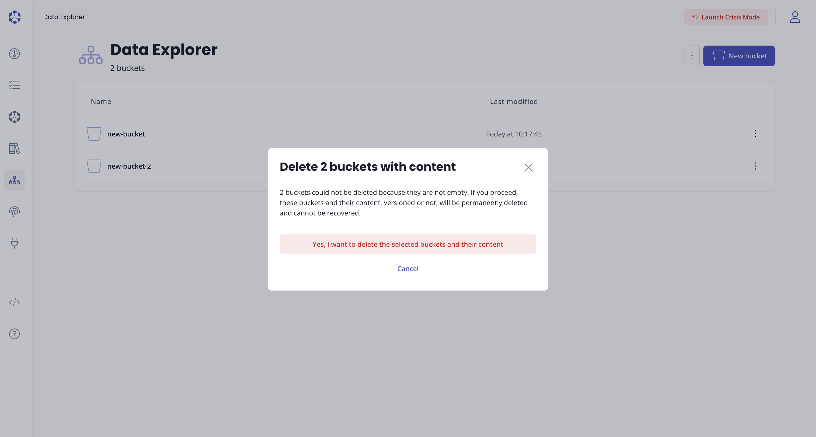 Delete multiple buckets using the contextual menu