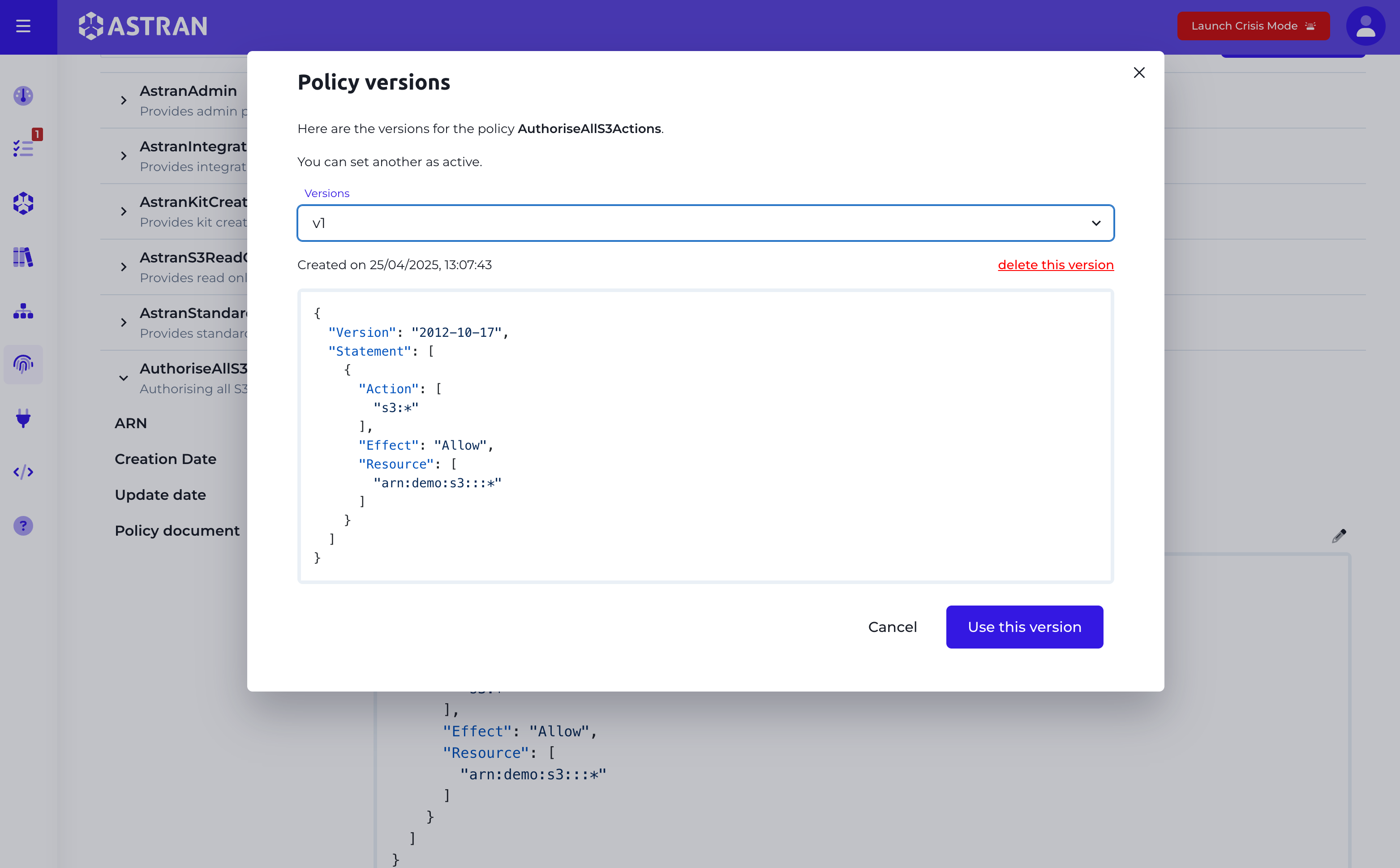 Delete Policy version
