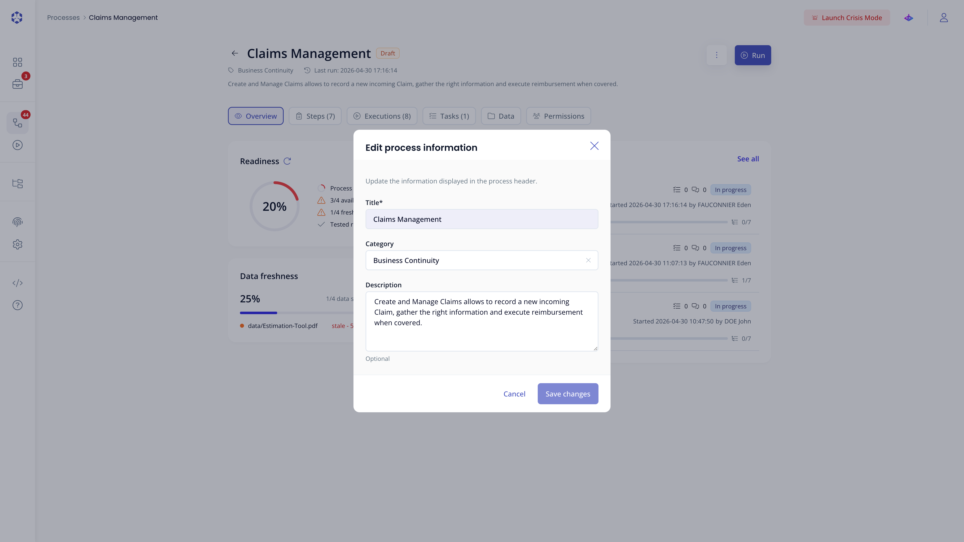 Edit process information modal