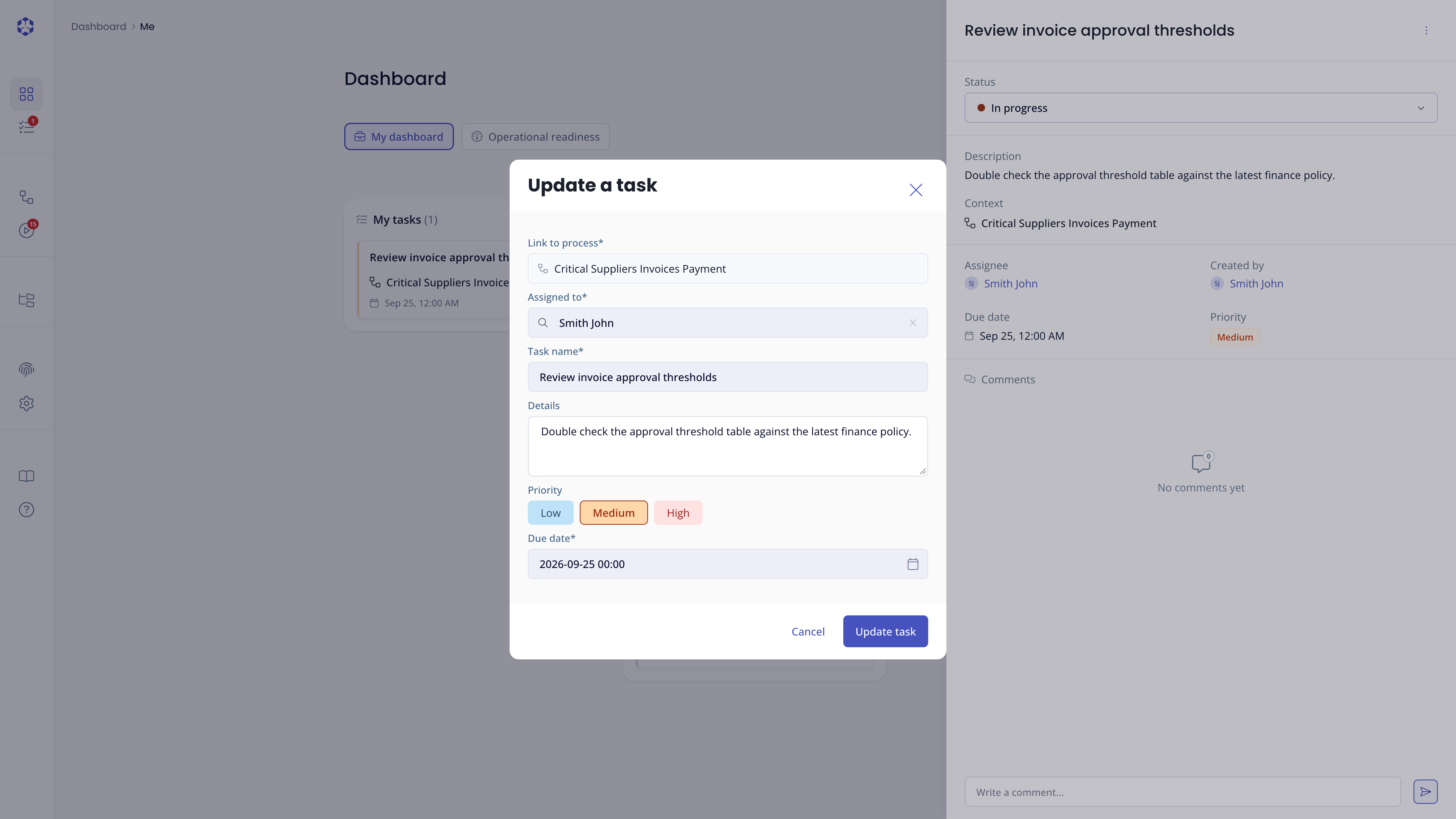Update a task modal open over a task's detail page
