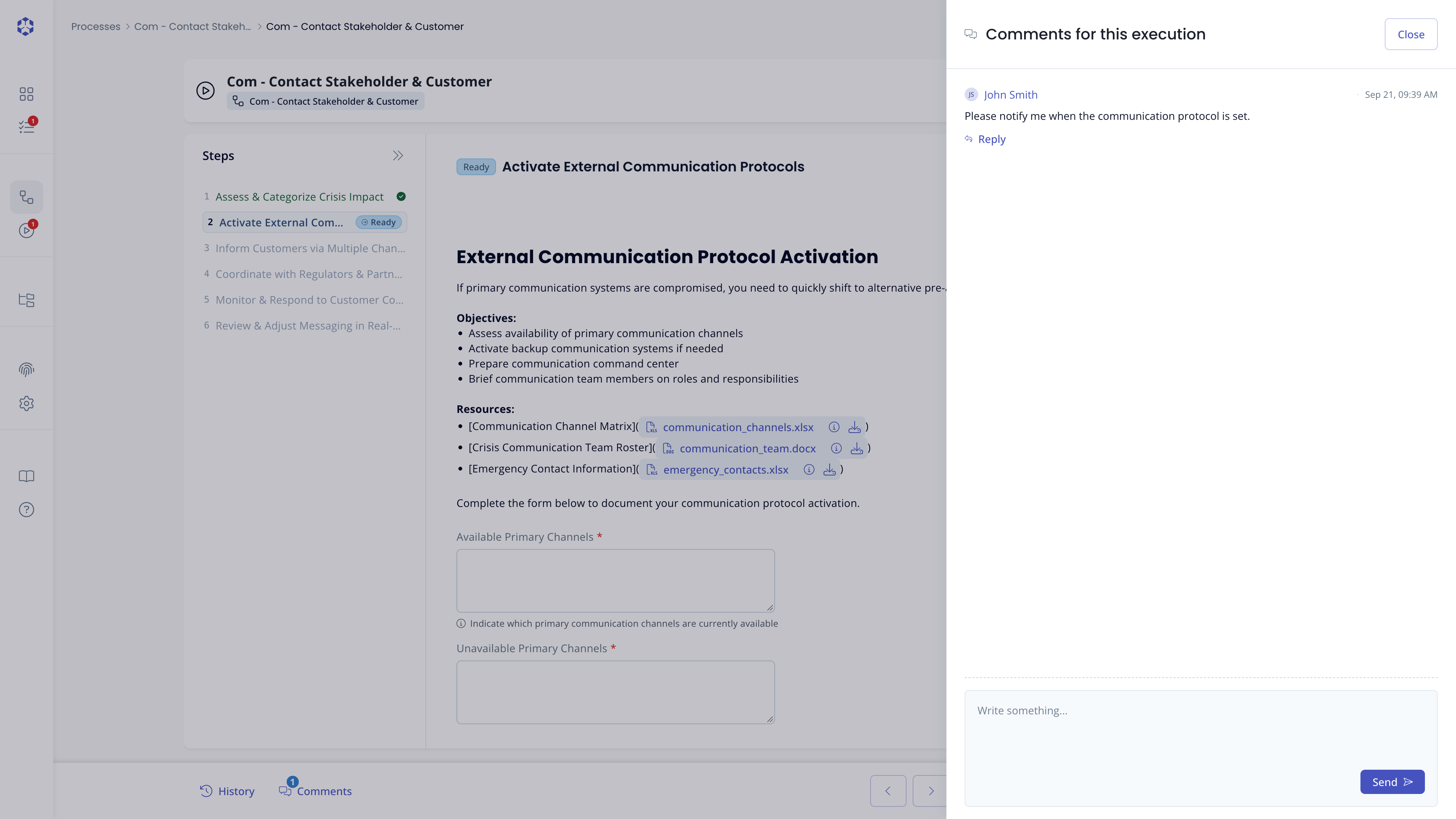 Execution comments panel