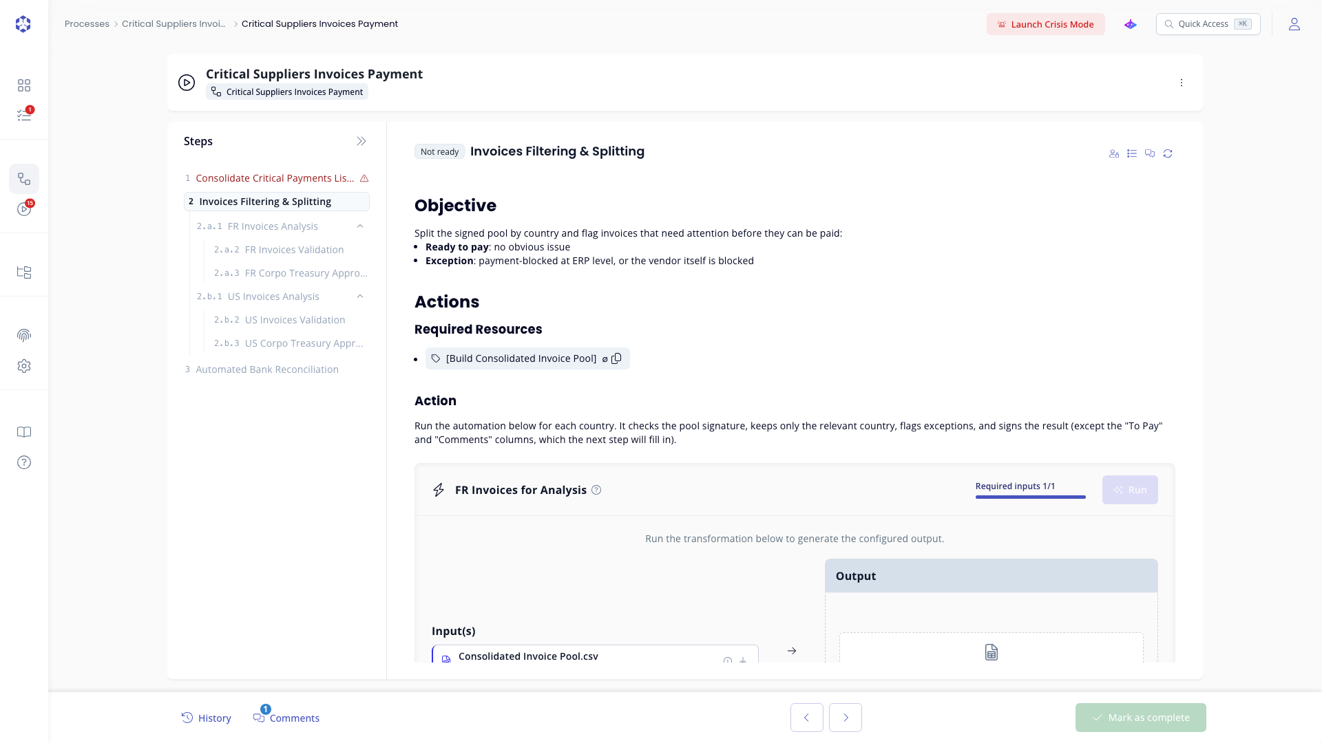 Step footer with History, Comments, and Mark as complete