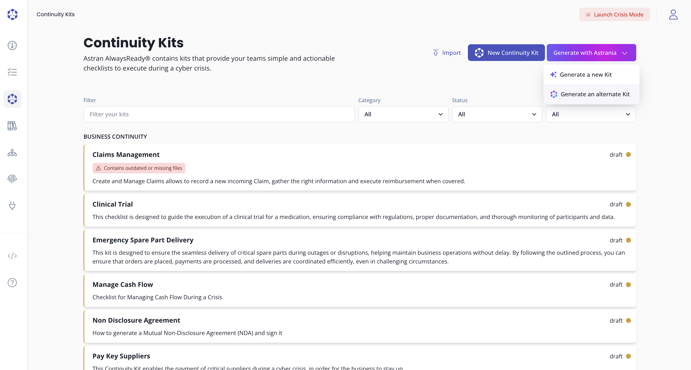 Generate with Astrania dropdown