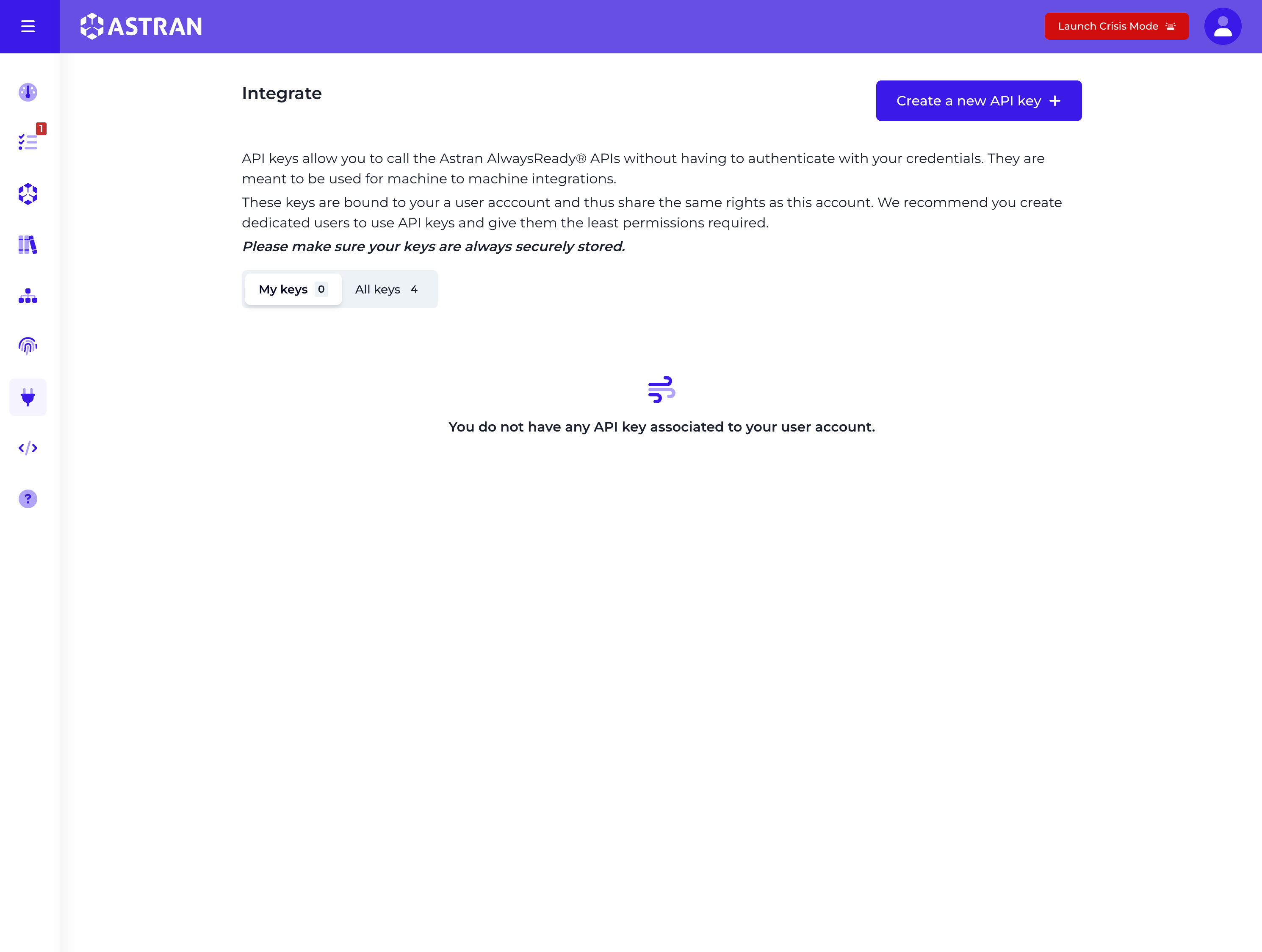 API keys page