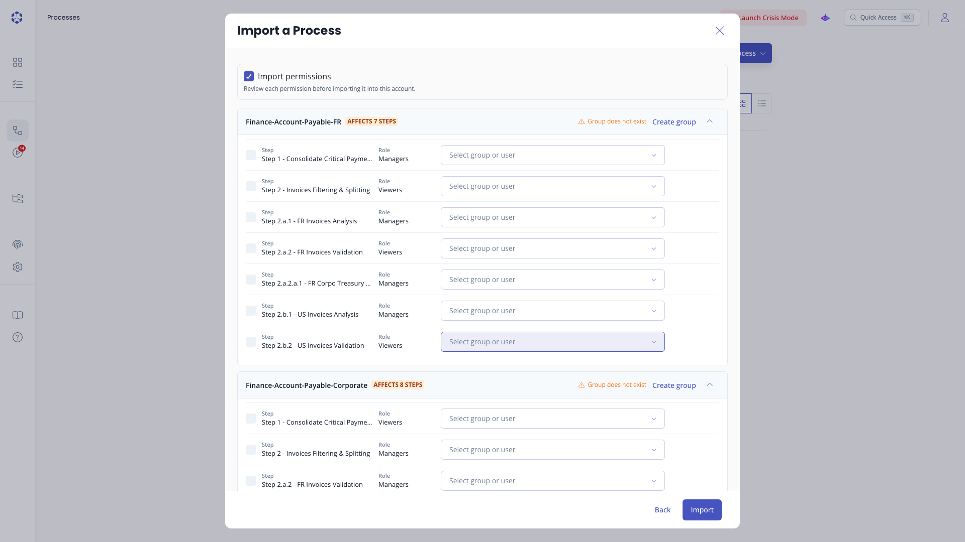 Permission review step of the import modal