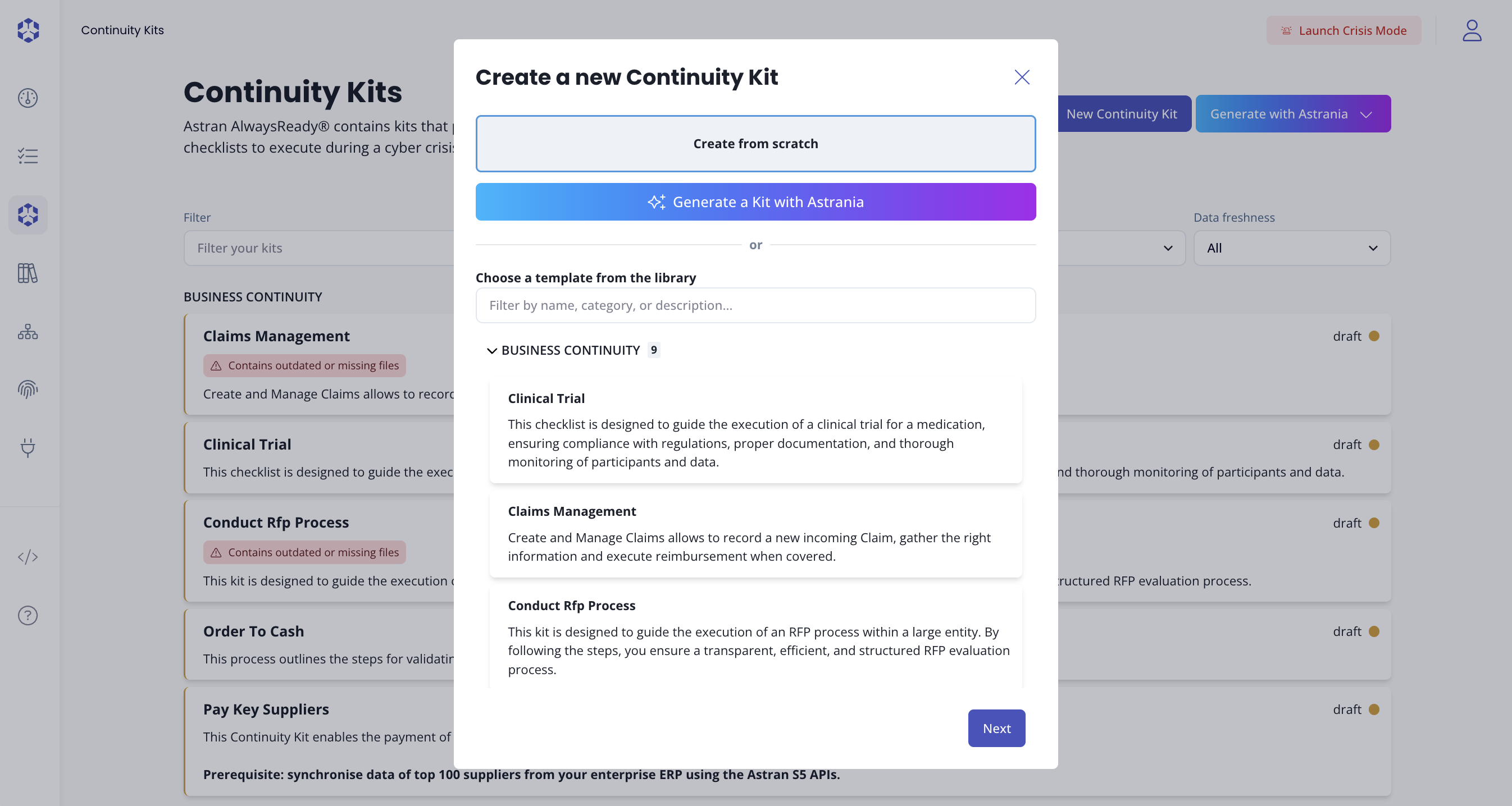 Continuity kit creation popup with "from scratch" selected