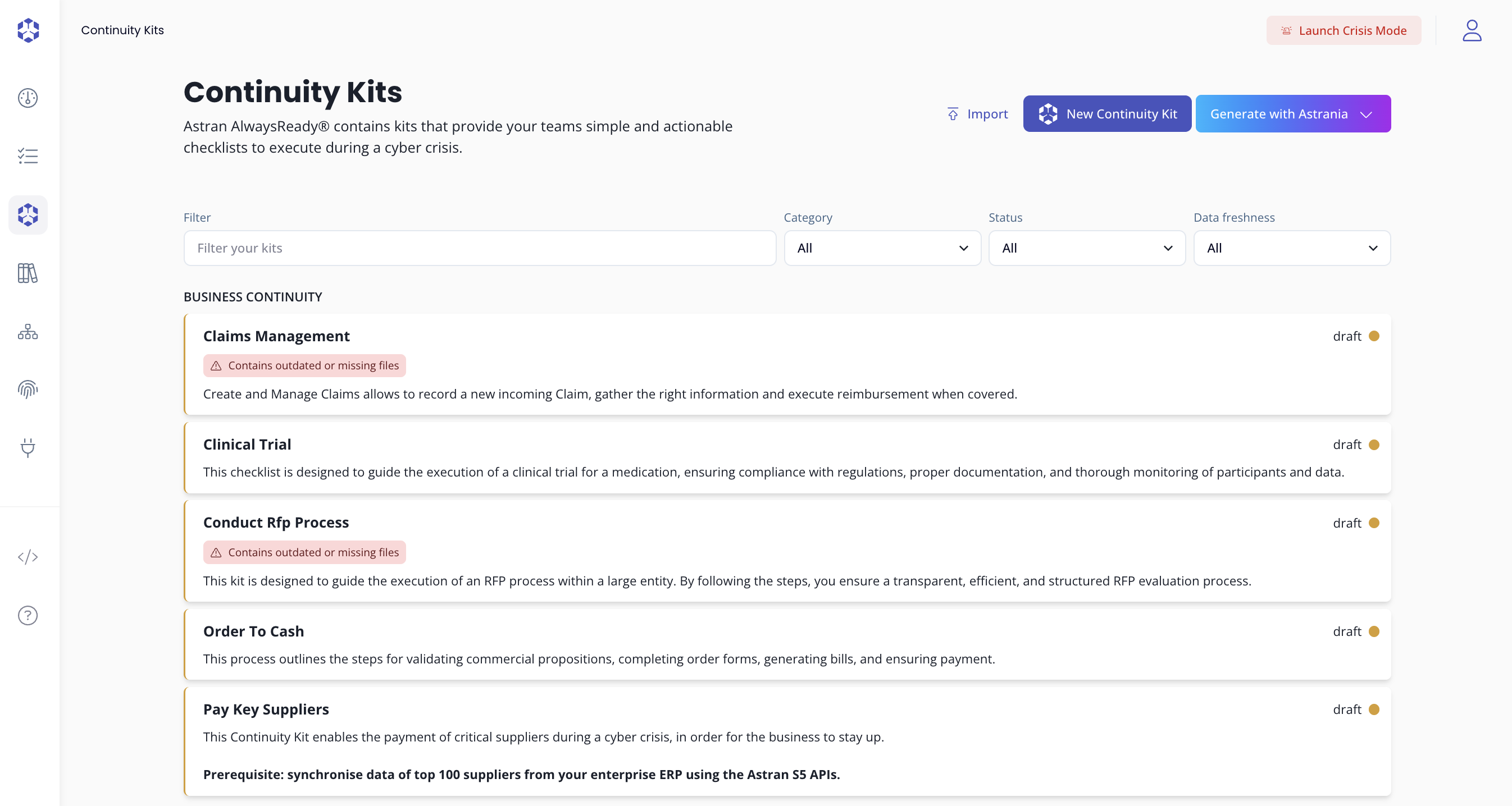 Continuity kit home page with existing kits