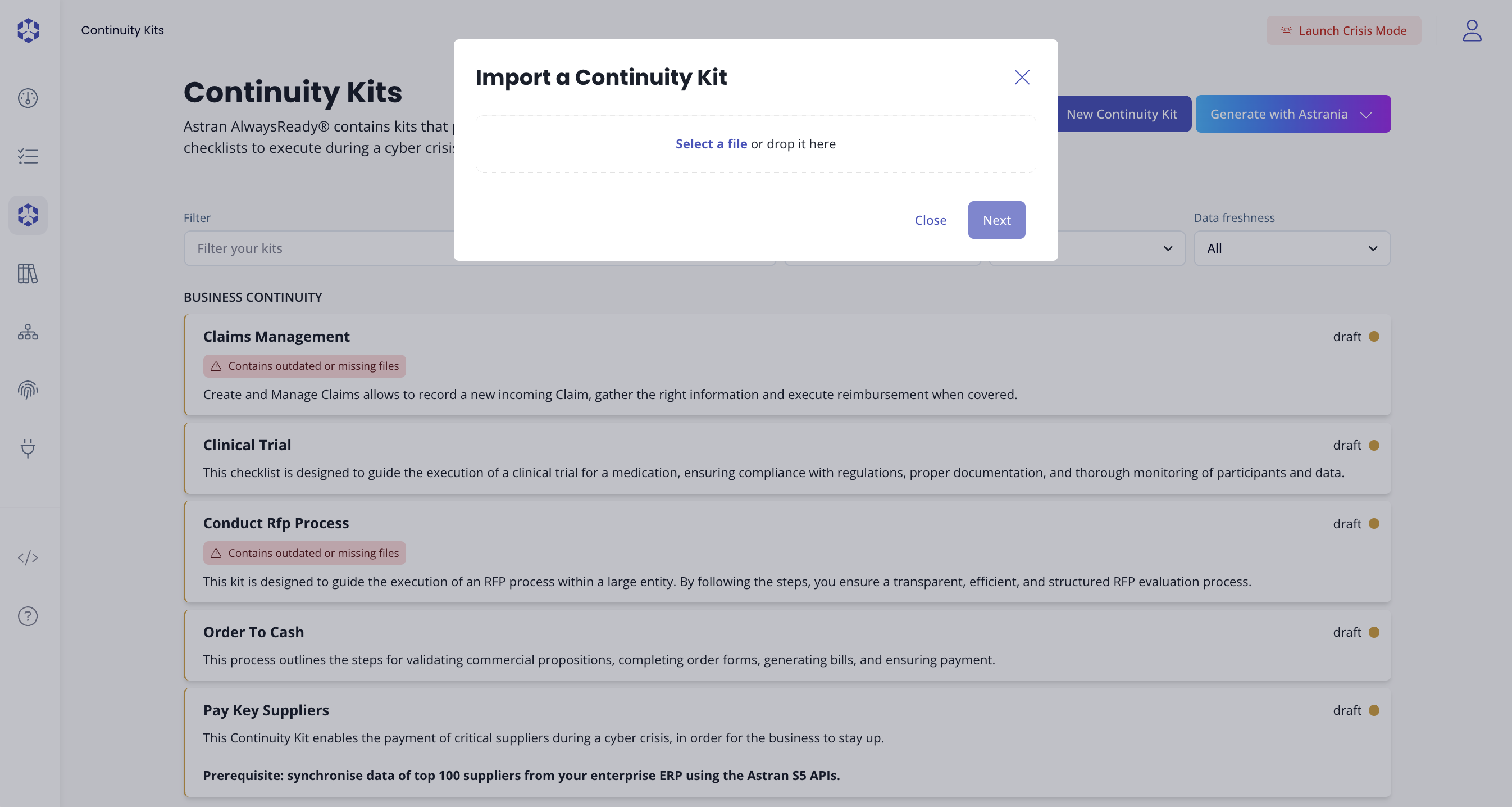 Continuity kit creation from import popup