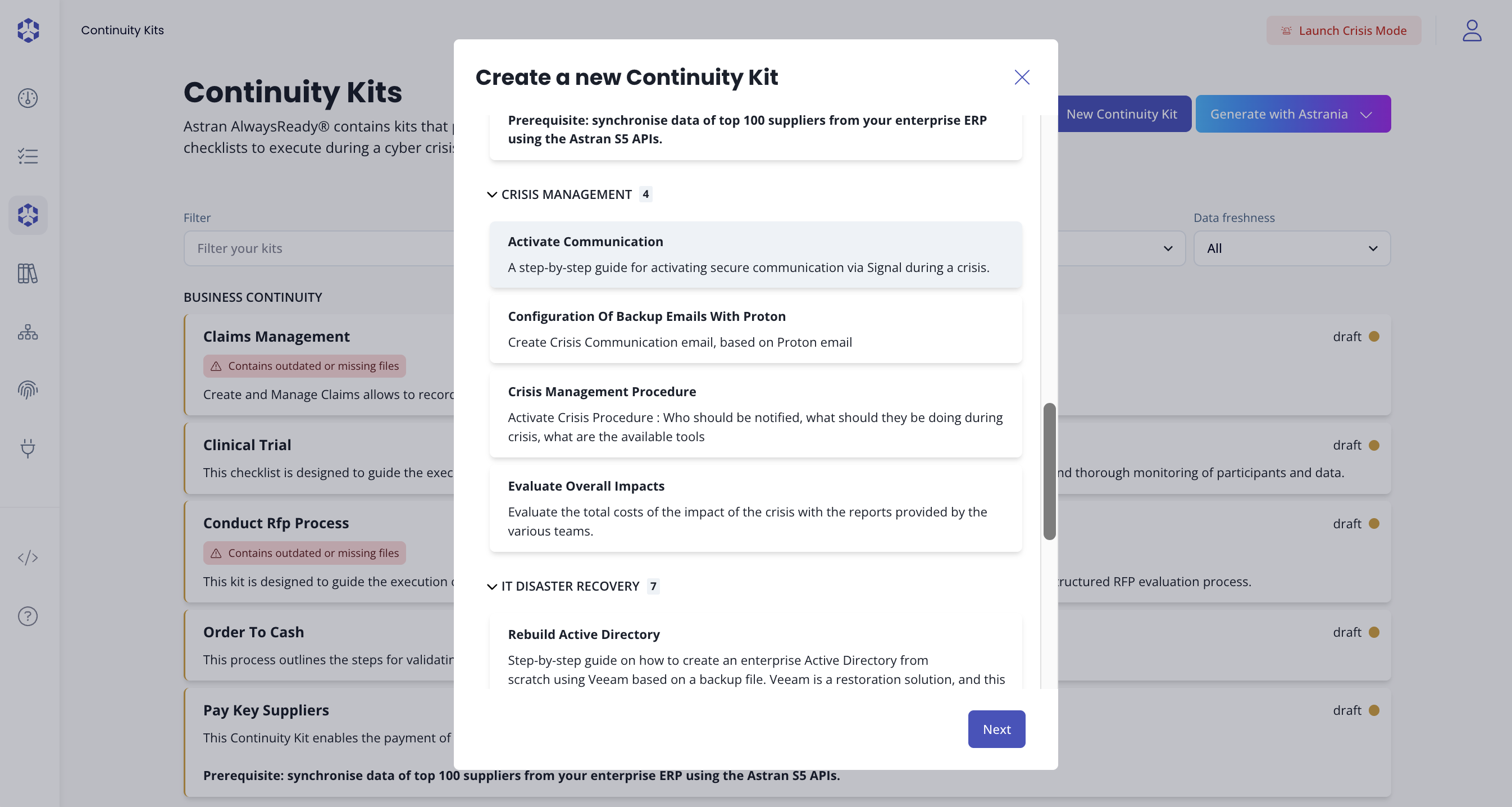Continuity kit creation from template with filter enabled