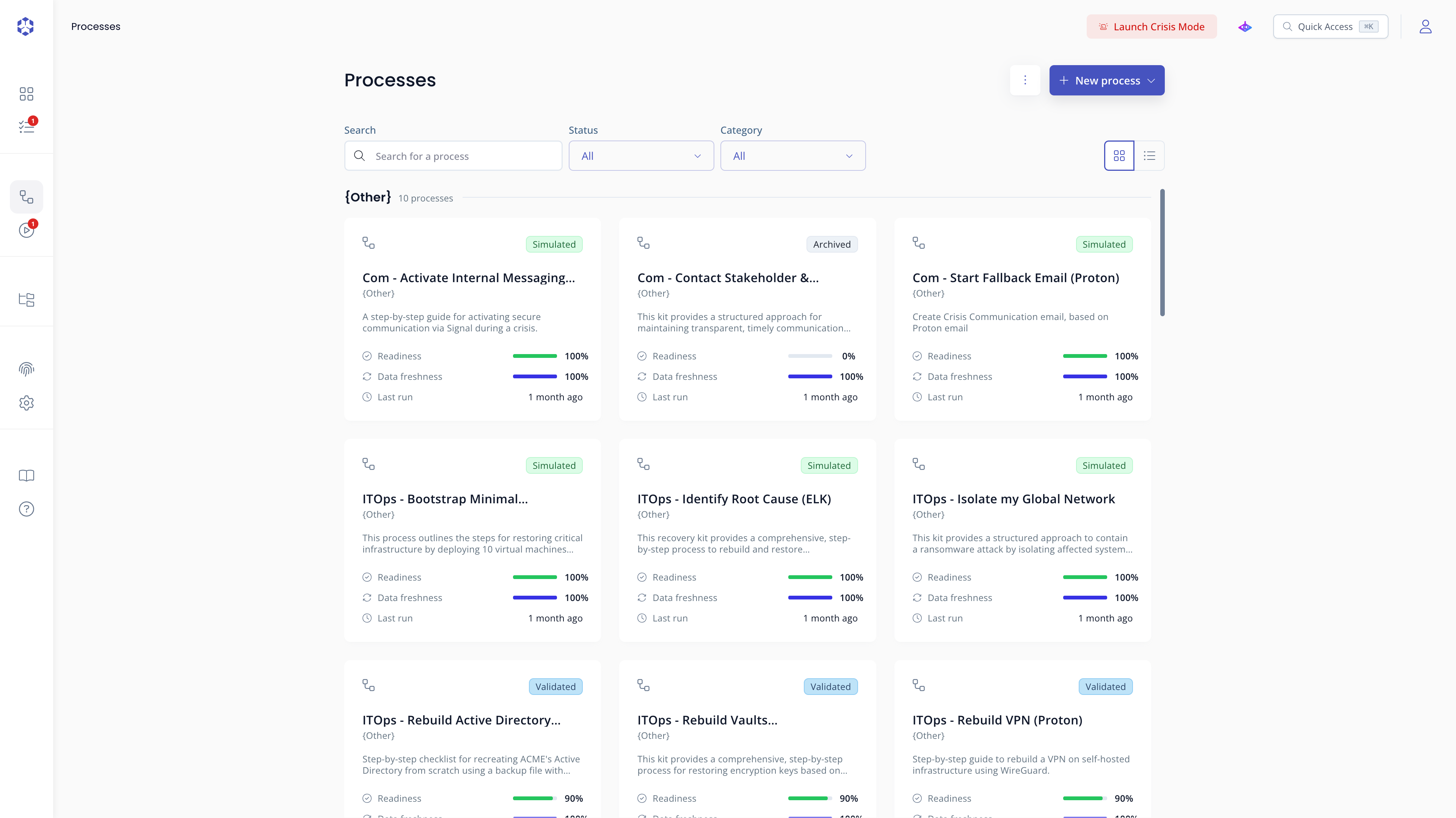 Process list in card view