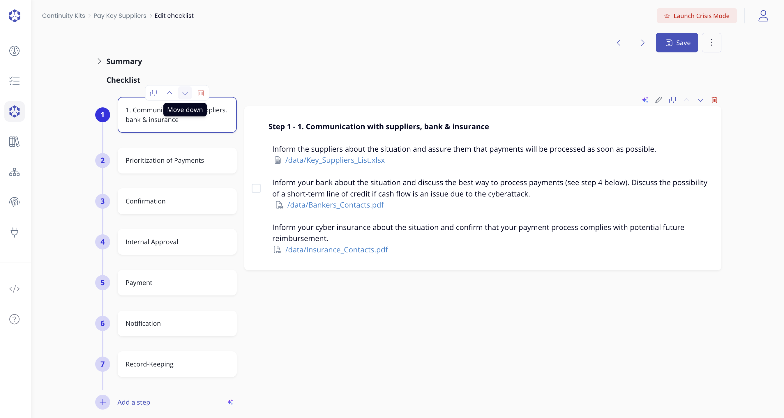 Continuity kit collapse all with up and down icons to move steps