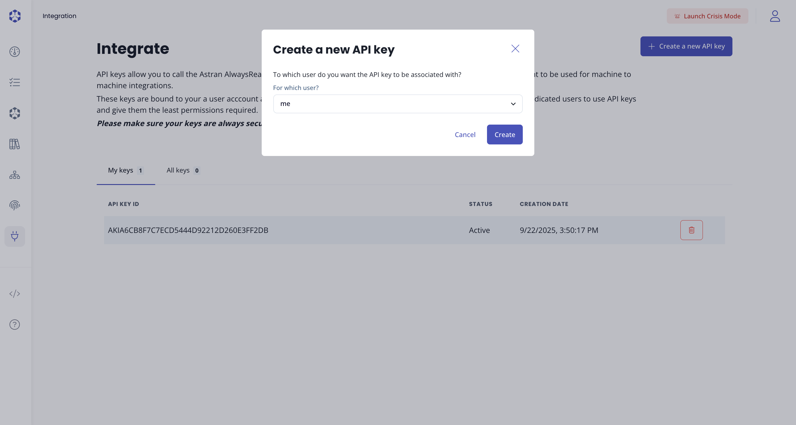 Create API key modal