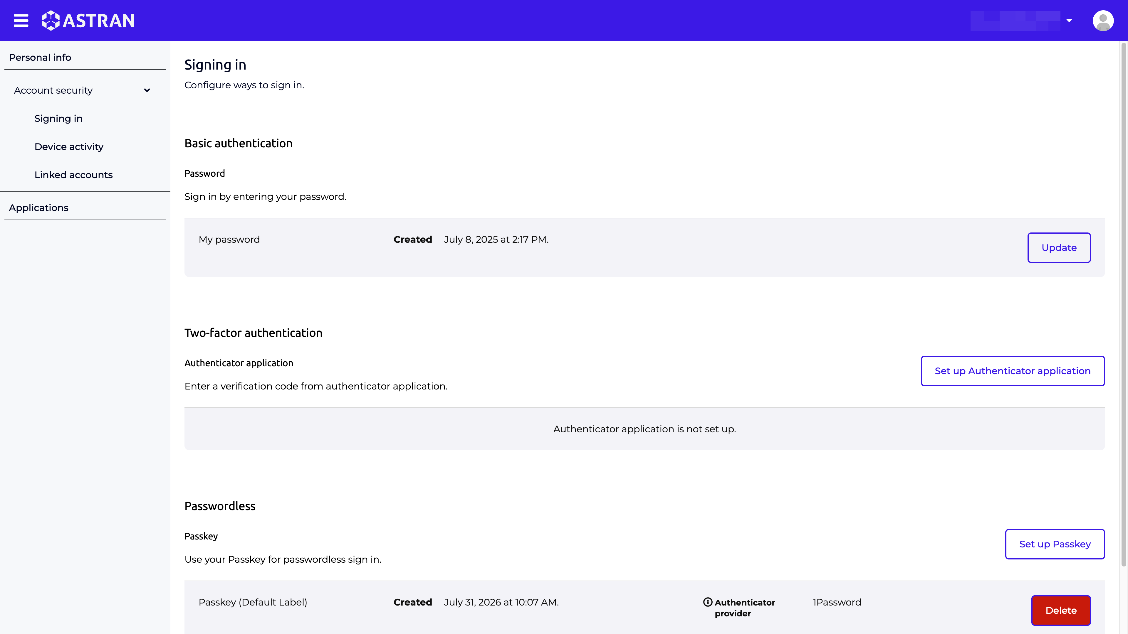 Passkey set up