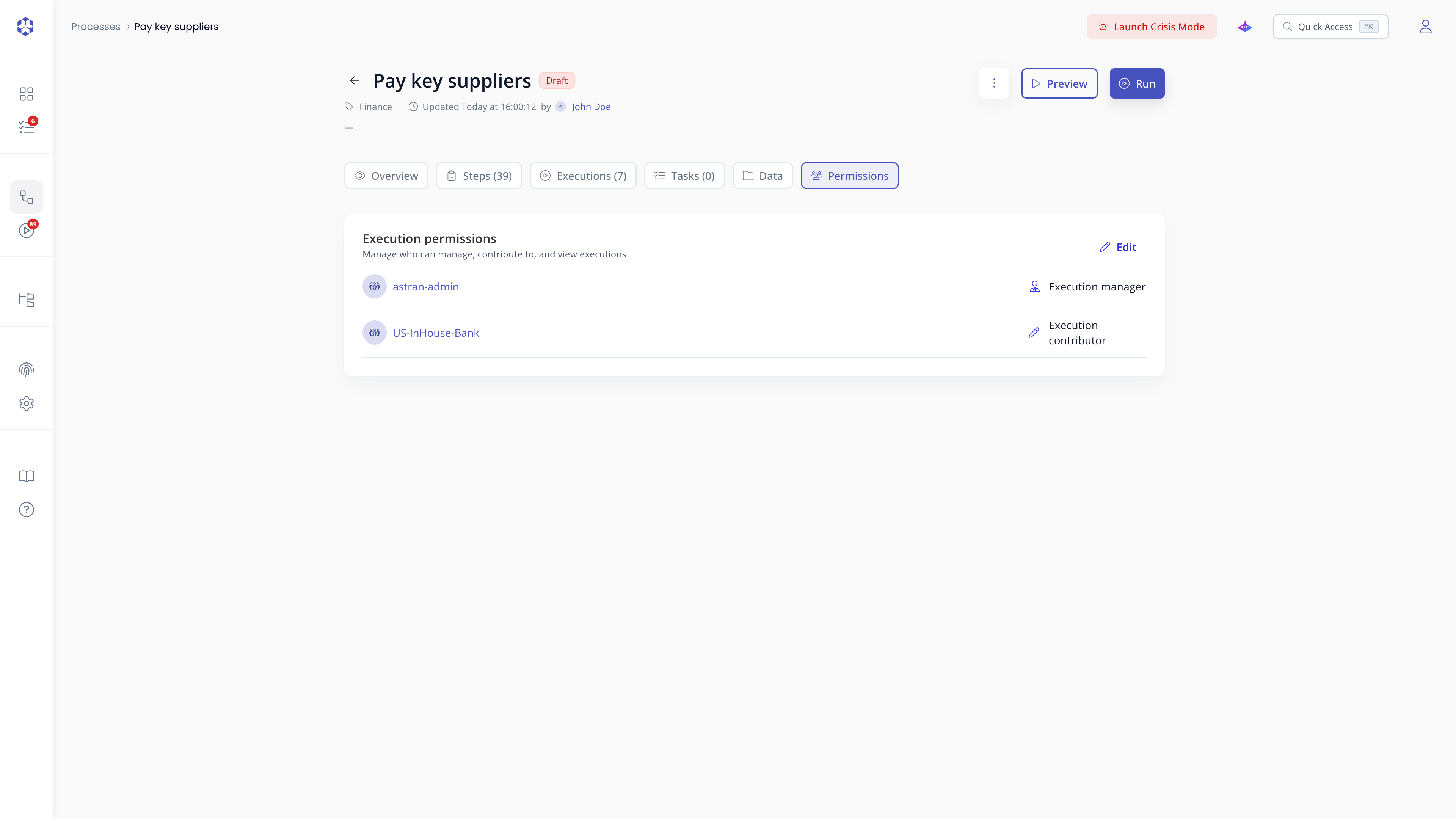 Permissions tab of a process detail page