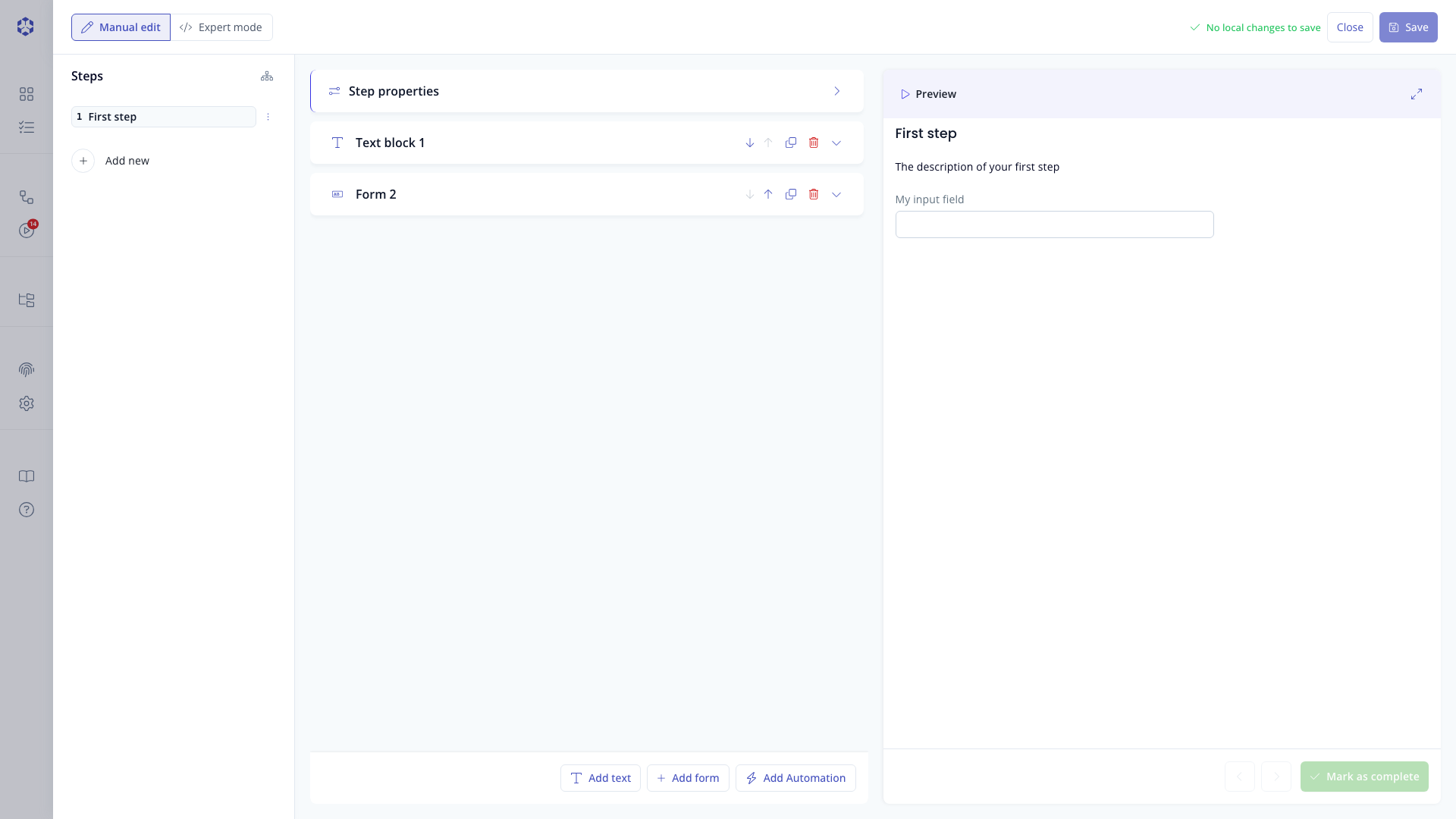 Step editor with a text block and a form block