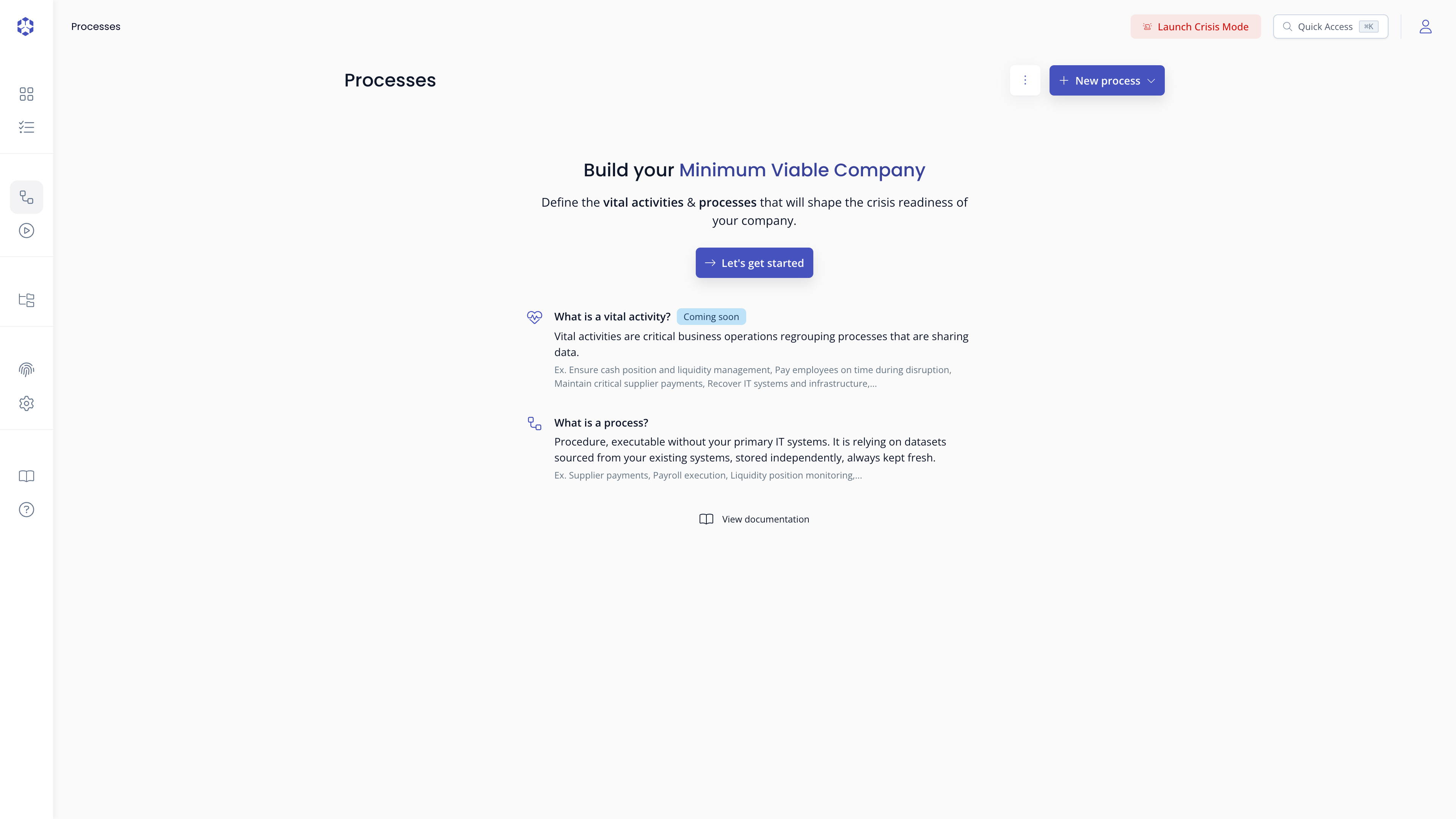 Empty processes page with New process and New bucket buttons