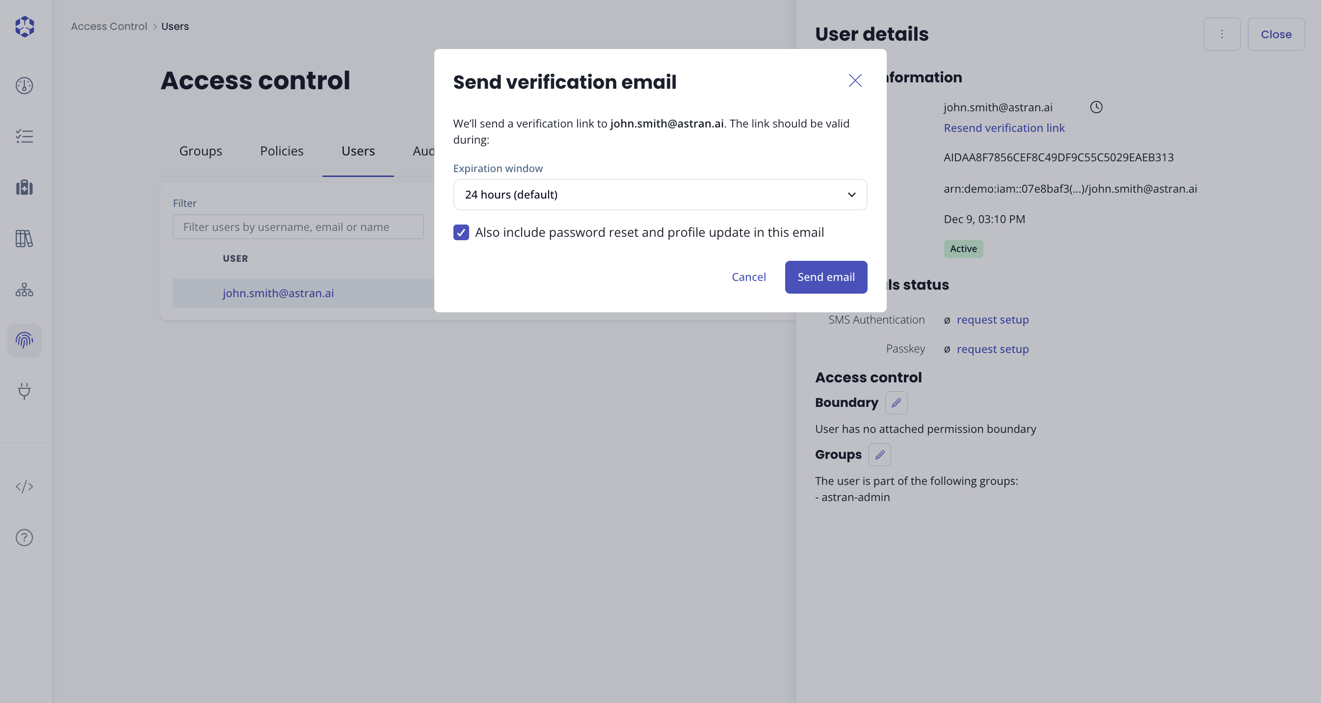 Send verification email modal