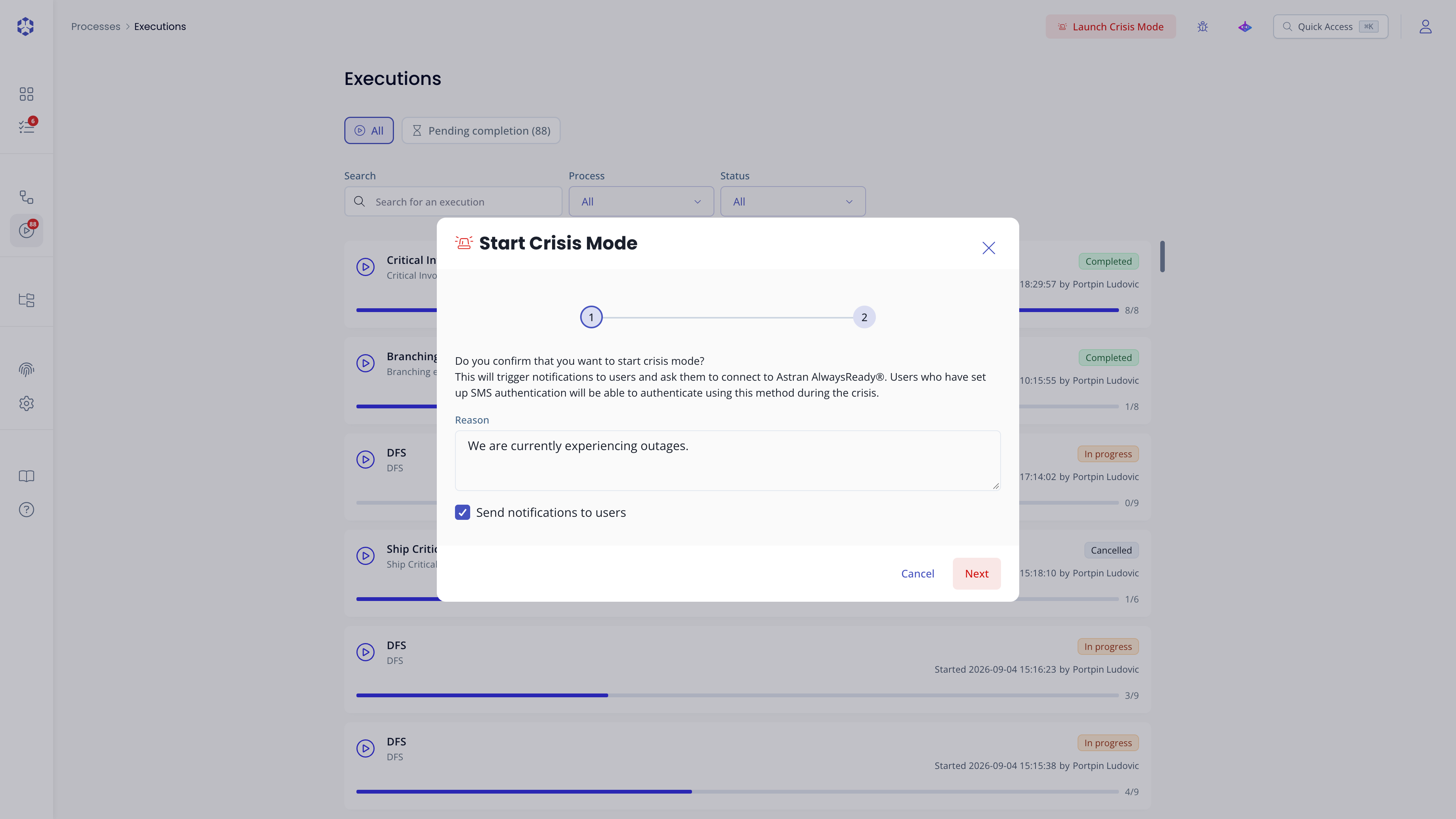 Start Crisis Mode modal, step 1: reason and Send notifications to users checkbox
