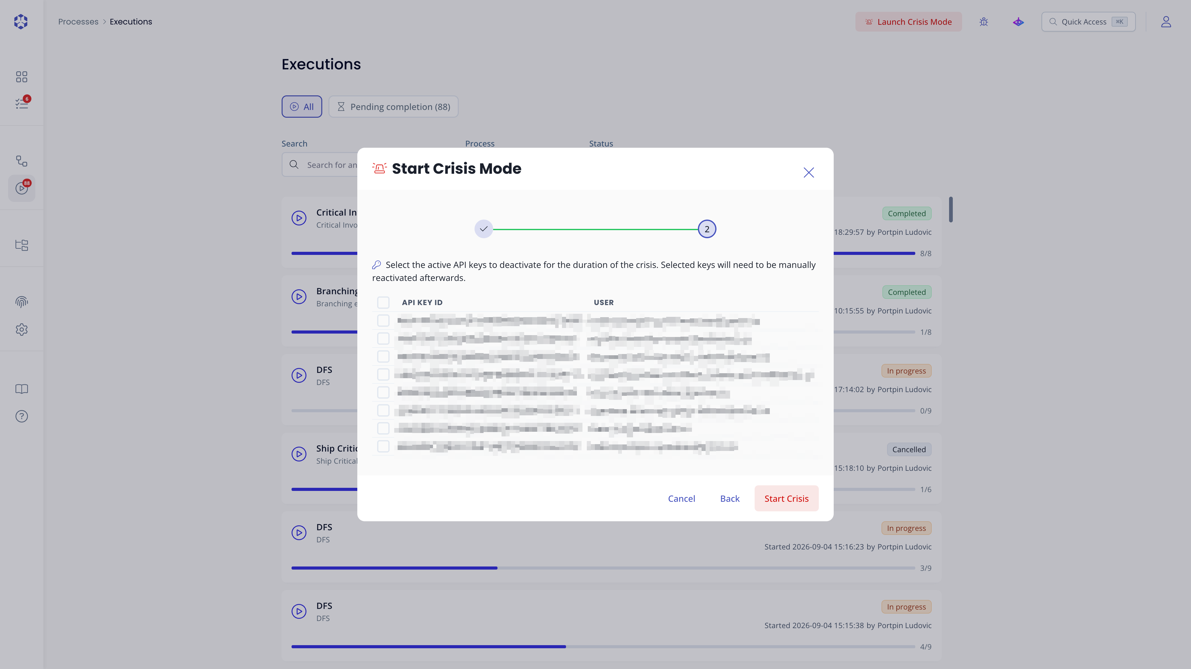 Start Crisis Mode modal, step 2: API key deactivation table