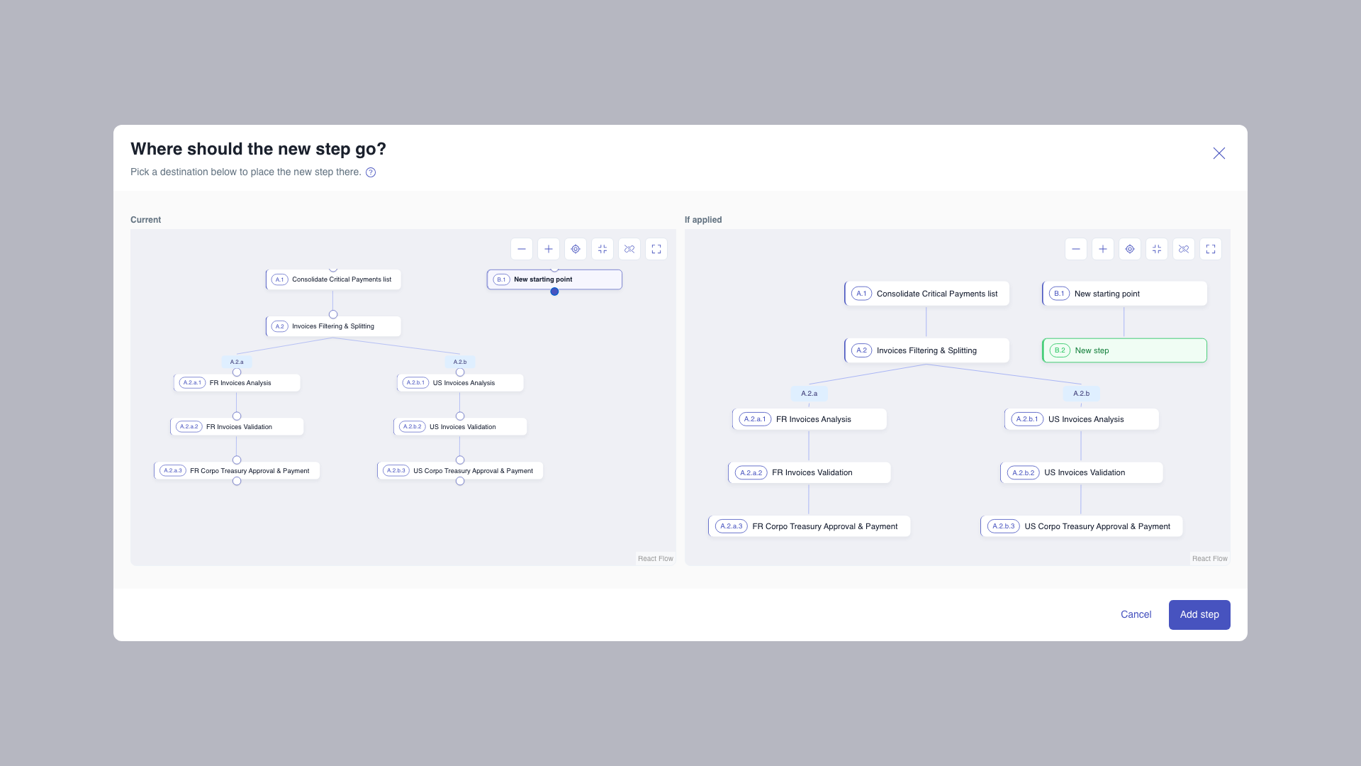 New step destination picker with a second starting point selected