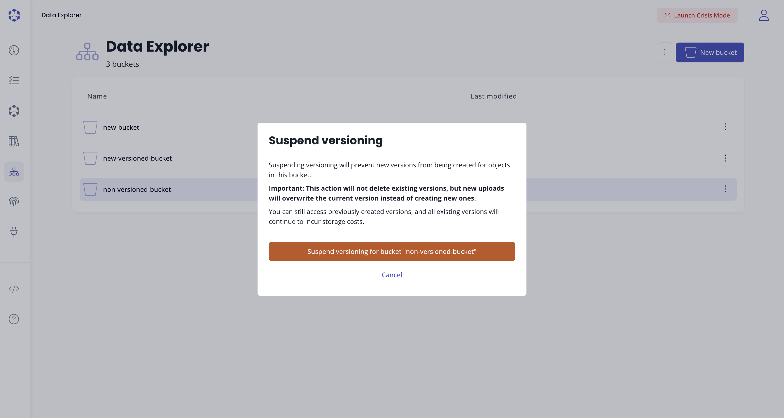 Suspend versioning confirmation modal