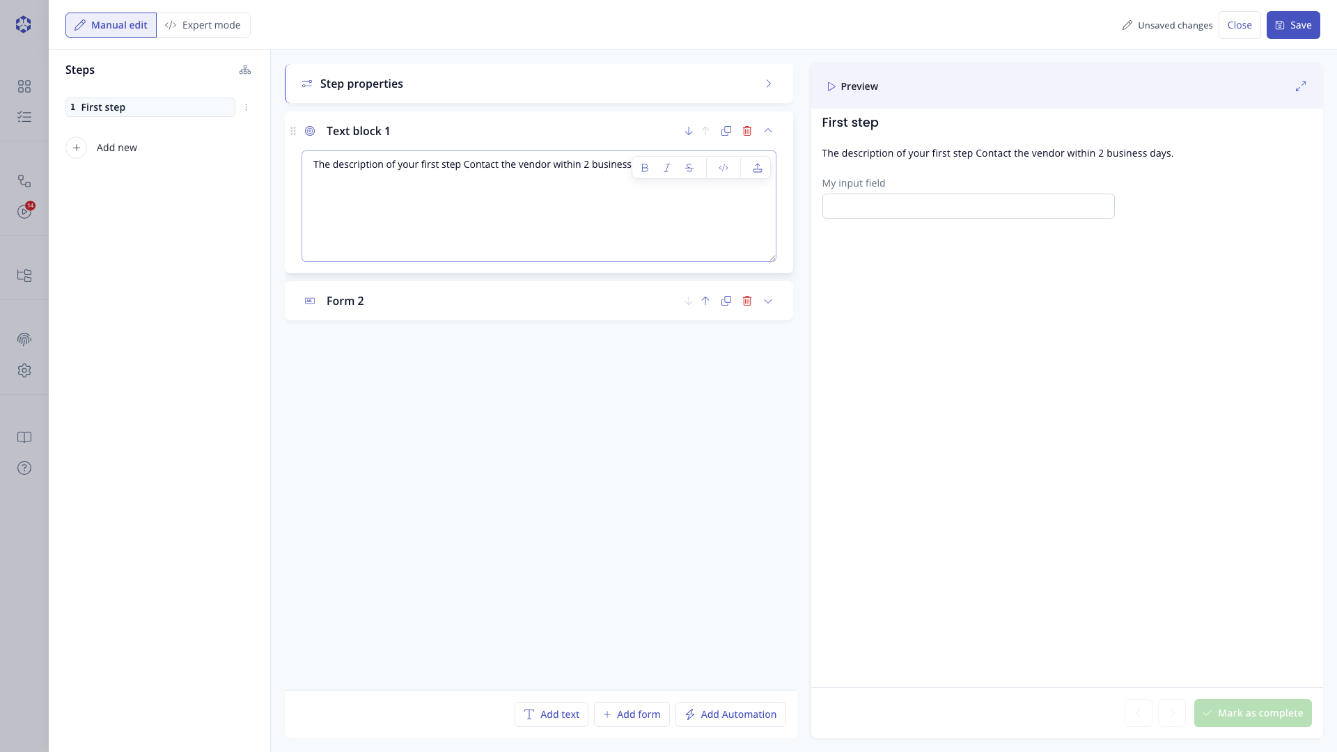 Text block toolbar with Bold, Italic, Strikethrough, code block, and Upload file buttons